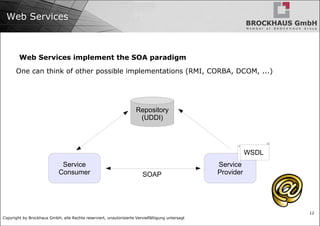 Web Services Web Services implement the SOA paradigm One can think of other possible implementations (RMI, CORBA, DCOM, ...) Repository (UDDI) Service Provider Service Consumer WSDL SOAP 
