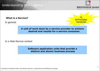 Understanding SOA – Basics What is a Service? In general In a Web-Service context no  technologies  mentioned  A unit of w...