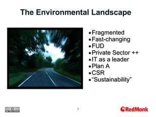 The Environmental Landscape Fragmented  Fast-changing FUD Private Sector ++ IT as a leader Plan A CSR “ Sustainability” 