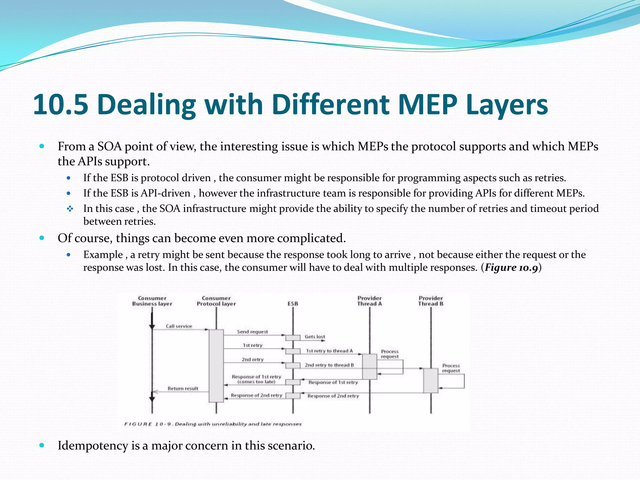 10.5 Dealing with Different MEP Layers
   From a SOA point of view, the interesting issue is which MEPs the protocol supports and which MEPs
    the APIs support.
      If the ESB is protocol driven , the consumer might be responsible for programming aspects such as retries.
      If the ESB is API-driven , however the infrastructure team is responsible for providing APIs for different MEPs.
      In this case , the SOA infrastructure might provide the ability to specify the number of retries and timeout period
       between retries.
   Of course, things can become even more complicated.
        Example , a retry might be sent because the response took long to arrive , not because either the request or the
         response was lost. In this case, the consumer will have to deal with multiple responses. (Figure 10.9)




   Idempotency is a major concern in this scenario.
 