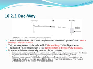 10.2.2 One-Way




 There is an alternative that ‘s even simpler from a consumer’s point of view : send a
  message , and you’re done.
 This one-way pattern is often also called “fire and forget” (See Figure 10.2)
 The Request / Response pattern is just a composition of two one-way messages.
 However , this is not necessarily the case, for two reasons.
     From a consumer’s point of view, a combination of two one-way messages would lead to an
      asynchronous or non-blocking request/response (or request/callback) pattern.
     From an infrastructure’s (ESB’s) point of view, sending two one-way messages would
      require the sender of the first request to be able to receive the second one-way request
      (which logically is the service provider’s response)
 