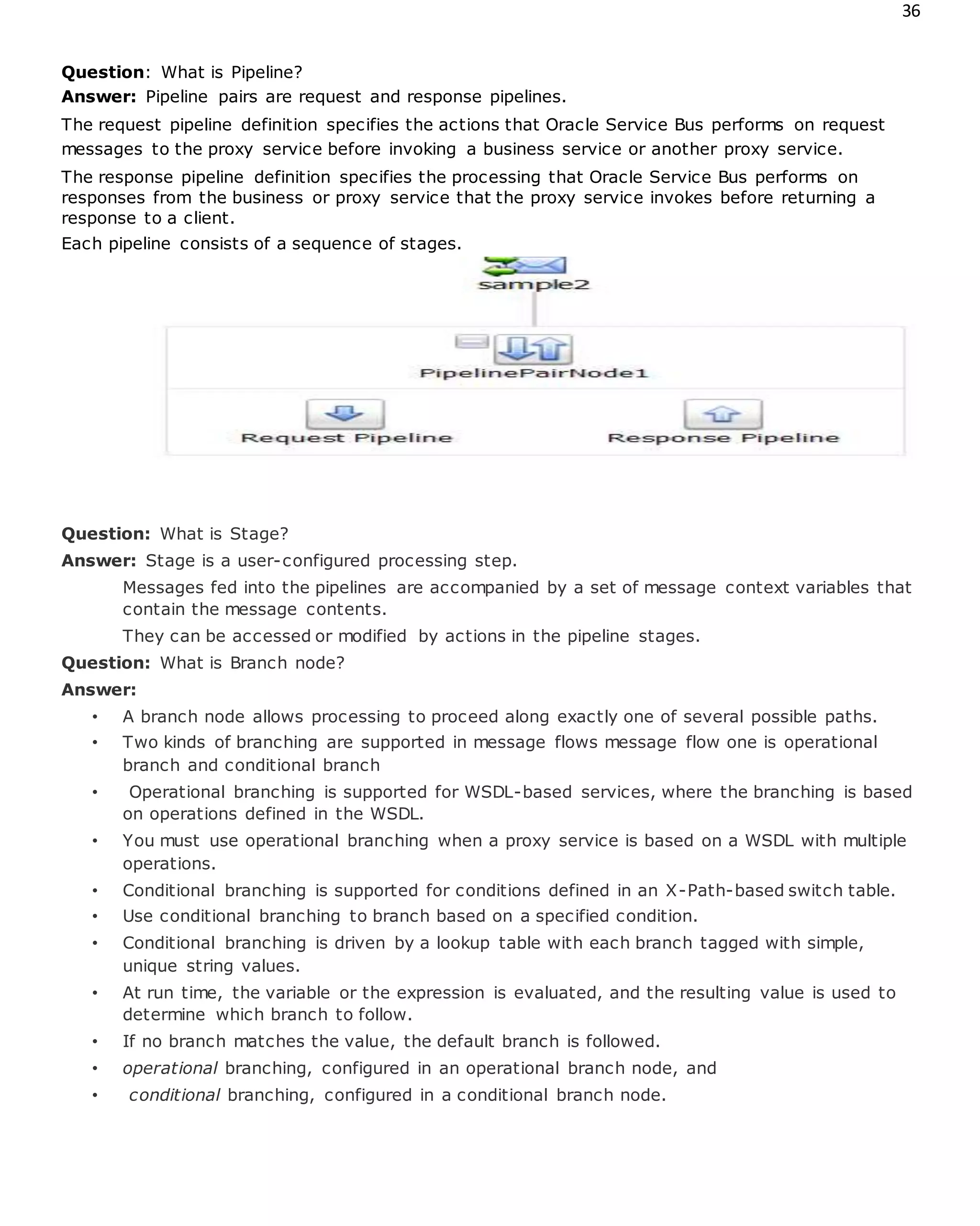 36
Question: What is Pipeline?
Answer: Pipeline pairs are request and response pipelines.
The request pipeline definition specifies the actions that Oracle Service Bus performs on request
messages to the proxy service before invoking a business service or another proxy service.
The response pipeline definition specifies the processing that Oracle Service Bus performs on
responses from the business or proxy service that the proxy service invokes before returning a
response to a client.
Each pipeline consists of a sequence of stages.
Question: What is Stage?
Answer: Stage is a user-configured processing step.
Messages fed into the pipelines are accompanied by a set of message context variables that
contain the message contents.
They can be accessed or modified by actions in the pipeline stages.
Question: What is Branch node?
Answer:
• A branch node allows processing to proceed along exactly one of several possible paths.
• Two kinds of branching are supported in message flows message flow one is operational
branch and conditional branch
• Operational branching is supported for WSDL-based services, where the branching is based
on operations defined in the WSDL.
• You must use operational branching when a proxy service is based on a WSDL with multiple
operations.
• Conditional branching is supported for conditions defined in an X-Path-based switch table.
• Use conditional branching to branch based on a specified condition.
• Conditional branching is driven by a lookup table with each branch tagged with simple,
unique string values.
• At run time, the variable or the expression is evaluated, and the resulting value is used to
determine which branch to follow.
• If no branch matches the value, the default branch is followed.
• operational branching, configured in an operational branch node, and
• conditional branching, configured in a conditional branch node.
 