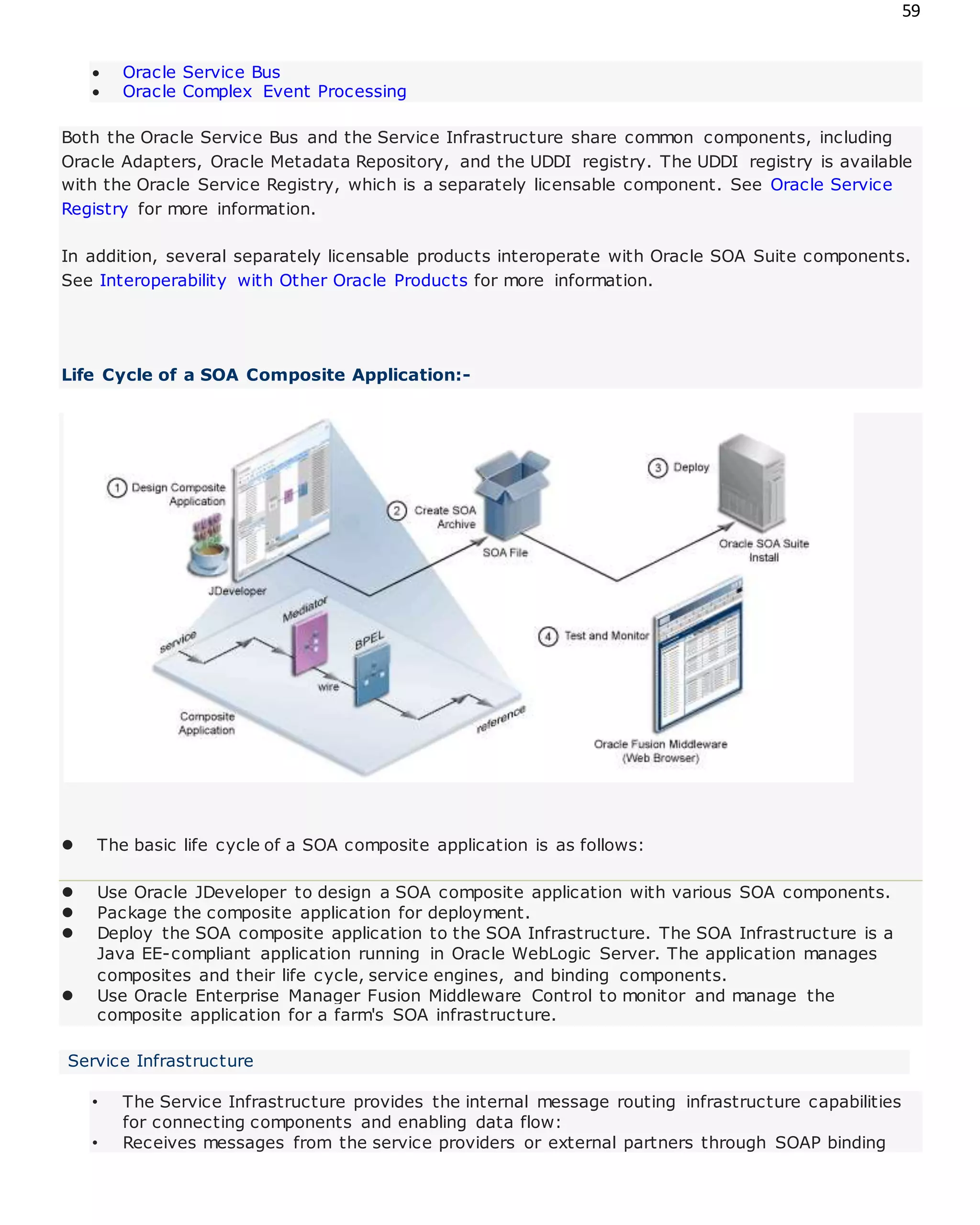 59
 Oracle Service Bus
 Oracle Complex Event Processing
Both the Oracle Service Bus and the Service Infrastructure share common components, including
Oracle Adapters, Oracle Metadata Repository, and the UDDI registry. The UDDI registry is available
with the Oracle Service Registry, which is a separately licensable component. See Oracle Service
Registry for more information.
In addition, several separately licensable products interoperate with Oracle SOA Suite components.
See Interoperability with Other Oracle Products for more information.
Life Cycle of a SOA Composite Application:-
 The basic life cycle of a SOA composite application is as follows:
 Use Oracle JDeveloper to design a SOA composite application with various SOA components.
 Package the composite application for deployment.
 Deploy the SOA composite application to the SOA Infrastructure. The SOA Infrastructure is a
Java EE-compliant application running in Oracle WebLogic Server. The application manages
composites and their life cycle, service engines, and binding components.
 Use Oracle Enterprise Manager Fusion Middleware Control to monitor and manage the
composite application for a farm's SOA infrastructure.
Service Infrastructure
• The Service Infrastructure provides the internal message routing infrastructure capabilities
for connecting components and enabling data flow:
• Receives messages from the service providers or external partners through SOAP binding
 