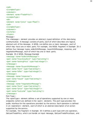 33
</all>
</complexType>
</element>
<element name="TradePrice">
<complexType>
<all>
<element name="price" type="float"/>
</all>
</complexType>
</element>
</schema>
</types>
Message:-
The <message> element provides an abstract, typed definition of the data being
communicated. A message consists of parts, each of which describes one logical,
abstract unit of the message. A WSDL can define one or more messages, each of
which may have one or more parts. For example, the WSDL fragment in Example 35-2
defines four message types, sellerInfoMessage, buyerInfoMessage, response, and
negotiationMessage, each of which has one or more parts.
Example 35-2 WSDL Message Example
<message name="sellerInfoMessage">
<part name="inventoryItem" type="xsd:string"/>
<part name="askingPrice" type="xsd:integer"/>
</message>
<message name="buyerInfoMessage">
<part name="item" type="xsd:string"/>
<part name="offer" type="xsd:integer"/>
</message>
<message name="response">
<part name="result" type="xsd:string"/>
</message>
<message name="negotiationMessage">
<part name="item" type="xsd:string"/>
<part name="price" type="xsd:integer"/>
<part name="outcome" type="xsd:string"/>
</message>
Port Type:-
The <portType> element defines a set of operations supported by one or more
endpoints (which are defined in the <port> element). The port type provides the
public interface for the operations provided by the service. Each operation is defined
in an <operation> element, each of which is an abstract description of an action
supported by the service.
For example, the fragment in Example 35-3 defines a port type with one operation,
GetLastTradePrice, which can handle an input message, GetLastTradePriceInput, and
 