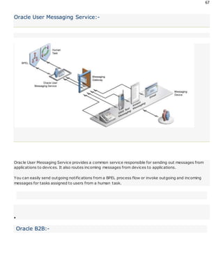 67
Oracle User Messaging Service:-
Oracle User Messaging Service provides a common service responsible for sending out messages from
applications to devices. It also routes incoming messages from devices to applications.
You can easily send outgoing notifications from a BPEL process flow or invoke outgoing and incoming
messages for tasks assigned to users from a human task.

Oracle B2B:-
 