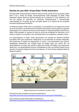 Capítulo 3: Flujos y procesos                                                               89


Estudio de caso SOA: Grupo Dollar Thrifty Automotive
El Grupo Dollar Thrifty Automotive oferta la renta de carros a través de dos sucursales: Dollar
Rent A Car y Thrifty Car Rental. Aproximadamente 8,300 empleados de Dollar Thrifty
despachan viajeros desde las oficinas centrales de la compañía en Tulsa, Oklahoma. Con
una red siempre en expansión de locaciones norteamericanas e internacionales
subcontratadas en 70 países, las dos sucursales operan en la mayoría de los principales
mercados aeroportuarios de EEUU.

A medida que Dollar Thrifty creció y se expandió, y la competencia en el negocio de la renta
de carros se aceleró, los decisores de la compañía comenzaron a preocuparse por aspectos
relacionados con su sistema de renta de carros basado en máquinas grandes (mainframes).
Dollar Thrifty deseaba un sistema de renta de carros que fortaleciera la interacción con el
cliente y ayudara a la compañía a ser más ágil de cara a la competencia, presente y futura.

Los desarrolladores en Dollar Thrifty aprovecharon las ventajas de Windows Workflow
Foundation (WF) para implementar validaciones en una aplicación de clientes inteligentes.
WF proporciona el modelo de programación, el motor, y las herramientas para construir
rápidamente aplicaciones que manejan flujos de trabajo. Dado que usaron WF, los
desarrolladores no tuvieron que escribir la lógica de los flujos de trabajo o las validaciones
desde cero. Los desarrolladores tuvieron la posibilidad de crear una interfaz flexible que les
permite a los agentes trabajar de la forma que desean y al mismo tiempo satisfacer todas las
reglas de negocio.




                           Diagrama general de la arquitectura de Dollar Thrifty

El estudio de caso completo se encuentra disponible en:
http://www.microsoft.com/casestudies/casestudy.aspx?casestudyid=1000003883.

Otros estudios de caso SOA pueden consultarse en:
http://www.microsoft.com/casestudies/search.aspx?Keywords=SOA.
 