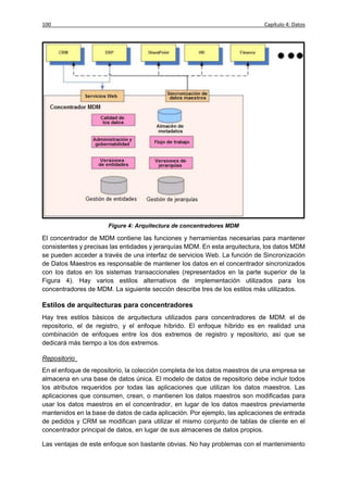 100                                                                         Capítulo 4: Datos




                      Figure 4: Arquitectura de concentradores MDM

El concentrador de MDM contiene las funciones y herramientas necesarias para mantener
consistentes y precisas las entidades y jerarquías MDM. En esta arquitectura, los datos MDM
se pueden acceder a través de una interfaz de servicios Web. La función de Sincronización
de Datos Maestros es responsable de mantener los datos en el concentrador sincronizados
con los datos en los sistemas transaccionales (representados en la parte superior de la
Figura 4). Hay varios estilos alternativos de implementación utilizados para los
concentradores de MDM. La siguiente sección describe tres de los estilos más utilizados.

Estilos de arquitecturas para concentradores
Hay tres estilos básicos de arquitectura utilizados para concentradores de MDM: el de
repositorio, el de registro, y el enfoque híbrido. El enfoque híbrido es en realidad una
combinación de enfoques entre los dos extremos de registro y repositorio, así que se
dedicará más tiempo a los dos extremos.

Repositorio
En el enfoque de repositorio, la colección completa de los datos maestros de una empresa se
almacena en una base de datos única. El modelo de datos de repositorio debe incluir todos
los atributos requeridos por todas las aplicaciones que utilizan los datos maestros. Las
aplicaciones que consumen, crean, o mantienen los datos maestros son modificadas para
usar los datos maestros en el concentrador, en lugar de los datos maestros previamente
mantenidos en la base de datos de cada aplicación. Por ejemplo, las aplicaciones de entrada
de pedidos y CRM se modifican para utilizar el mismo conjunto de tablas de cliente en el
concentrador principal de datos, en lugar de sus almacenes de datos propios.

Las ventajas de este enfoque son bastante obvias. No hay problemas con el mantenimiento
 