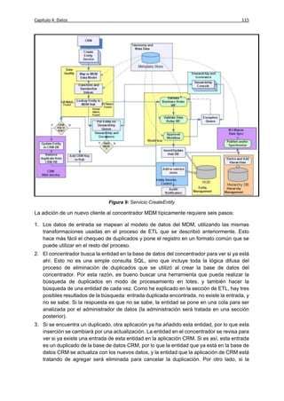 Capítulo 4: Datos                                                                        115




                                Figura 9: Servicio CreateEntity

La adición de un nuevo cliente al concentrador MDM típicamente requiere seis pasos:

1. Los datos de entrada se mapean al modelo de datos del MDM, utilizando las mismas
   transformaciones usadas en el proceso de ETL que se describió anteriormente. Esto
   hace más fácil el chequeo de duplicados y pone el registro en un formato común que se
   puede utilizar en el resto del proceso.
2. El concentrador busca la entidad en la base de datos del concentrador para ver si ya está
   ahí. Esto no es una simple consulta SQL, sino que incluye toda la lógica difusa del
   proceso de eliminación de duplicados que se utilizó al crear la base de datos del
   concentrador. Por esta razón, es bueno buscar una herramienta que pueda realizar la
   búsqueda de duplicados en modo de procesamiento en lotes, y también hacer la
   búsqueda de una entidad de cada vez. Como he explicado en la sección de ETL, hay tres
   posibles resultados de la búsqueda: entrada duplicada encontrada, no existe la entrada, y
   no se sabe. Si la respuesta es que no se sabe, la entidad se pone en una cola para ser
   analizada por el administrador de datos (la administración será tratada en una sección
   posterior).
3. Si se encuentra un duplicado, otra aplicación ya ha añadido esta entidad, por lo que esta
   inserción se cambiará por una actualización. La entidad en el concentrador se revisa para
   ver si ya existe una entrada de esta entidad en la aplicación CRM. Si es así, esta entrada
   es un duplicado de la base de datos CRM, por lo que la entidad que ya está en la base de
   datos CRM se actualiza con los nuevos datos, y la entidad que la aplicación de CRM está
   tratando de agregar será eliminada para cancelar la duplicación. Por otro lado, si la
 