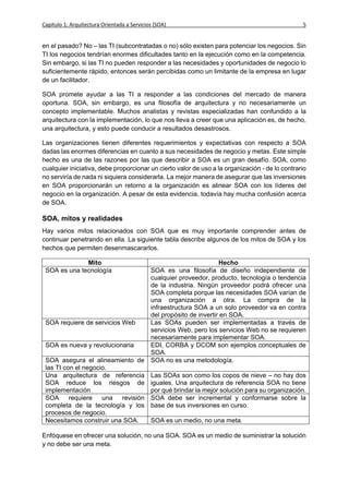 Capítulo 1: Arquitectura Orientada a Servicios (SOA)                                              5


en el pasado? No – las TI (subcontratadas o no) sólo existen para potenciar los negocios. Sin
TI los negocios tendrían enormes dificultades tanto en la ejecución como en la competencia.
Sin embargo, si las TI no pueden responder a las necesidades y oportunidades de negocio lo
suficientemente rápido, entonces serán percibidas como un limitante de la empresa en lugar
de un facilitador.

SOA promete ayudar a las TI a responder a las condiciones del mercado de manera
oportuna. SOA, sin embargo, es una filosofía de arquitectura y no necesariamente un
concepto implementable. Muchos analistas y revistas especializadas han confundido a la
arquitectura con la implementación, lo que nos lleva a creer que una aplicación es, de hecho,
una arquitectura, y esto puede conducir a resultados desastrosos.

Las organizaciones tienen diferentes requerimientos y expectativas con respecto a SOA
dadas las enormes diferencias en cuanto a sus necesidades de negocio y metas. Este simple
hecho es una de las razones por las que describir a SOA es un gran desafío. SOA, como
cualquier iniciativa, debe proporcionar un cierto valor de uso a la organización - de lo contrario
no serviría de nada ni siquiera considerarla. La mejor manera de asegurar que las inversiones
en SOA proporcionarán un retorno a la organización es alinear SOA con los líderes del
negocio en la organización. A pesar de esta evidencia, todavía hay mucha confusión acerca
de SOA.

SOA, mitos y realidades
Hay varios mitos relacionados con SOA que es muy importante comprender antes de
continuar penetrando en ella. La siguiente tabla describe algunos de los mitos de SOA y los
hechos que permiten desenmascararlos.

              Mito                                                    Hecho
 SOA es una tecnología                       SOA es una filosofía de diseño independiente de
                                             cualquier proveedor, producto, tecnología o tendencia
                                             de la industria. Ningún proveedor podrá ofrecer una
                                             SOA completa porque las necesidades SOA varían de
                                             una organización a otra. La compra de la
                                             infraestructura SOA a un solo proveedor va en contra
                                             del propósito de invertir en SOA.
 SOA requiere de servicios Web               Las SOAs pueden ser implementadas a través de
                                             servicios Web, pero los servicios Web no se requieren
                                             necesariamente para implementar SOA.
 SOA es nueva y revolucionaria               EDI, CORBA y DCOM son ejemplos conceptuales de
                                             SOA.
 SOA asegura el alineamiento de              SOA no es una metodología.
 las TI con el negocio.
 Una arquitectura de referencia              Las SOAs son como los copos de nieve – no hay dos
 SOA reduce los riesgos de                   iguales. Una arquitectura de referencia SOA no tiene
 implementación                              por qué brindar la mejor solución para su organización.
 SOA requiere una revisión                   SOA debe ser incremental y conformarse sobre la
 completa de la tecnología y los             base de sus inversiones en curso.
 procesos de negocio.
 Necesitamos construir una SOA.              SOA es un medio, no una meta.

Enfóquese en ofrecer una solución, no una SOA. SOA es un medio de suministrar la solución
y no debe ser una meta.
 