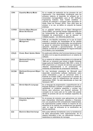 182                                                            Apéndice A. Glosario de acrónimos


CMM     Capability Maturity Model      Es un modelo de evaluación de los procesos de una
                                       organización. Fue desarrollado inicialmente para los
                                       procesos relativos al desarrollo de software por la
                                       Universidad Carnegie-Mellon para el SEI (Software
                                       Engineering Institute). Este modelo establece un
                                       conjunto de prácticas o procesos clave agrupados en
                                       Áreas Clave de Proceso (KPA). Para cada área de
                                       proceso, a su vez, se define un conjunto de buenas
                                       prácticas.
CORBA   Common Object Request          Es un estándar definido por el Object Management
        Broker Architecture            Group (OMG), que permite trabajar integradamente con
                                       los componentes de software escritos en múltiples
                                       lenguajes de programación y que se ejecutan en
                                       múltiples equipos con diferentes plataformas.
CRM     Customer Relationship          CRM es una filosofía corporativa en la que se busca
        Management                     entender y anticipar las necesidades de los clientes
                                       existentes y también de los potenciales, que actualmente
                                       se apoya en soluciones tecnológicas que facilitan su
                                       aplicación, desarrollo y aprovechamiento. En pocas
                                       palabras, se trata de una estrategia de negocio enfocada
                                       en el cliente y sus necesidades.
CRUD    Create, Read, Update, Delete   Es usado para referirse a las funciones básicas en bases
                                       de datos o en la capa de persistencia en un sistema de
                                       software.
DCE     Distributed Computing          Es un sistema de software desarrollado en la década de
        Environment                    1990 por un consorcio que incluía a Apollo Computer
                                       (luego parte de Hewlett-Packard), IBM, DEC, y otros. El
                                       DCE proporciona un conjunto de servicios que pueden
                                       utilizarse separadamente o en combinación, en
                                       ambientes de desarrollo de computación distribuida.
DCOM    Distributed Component Object   Es una tecnología propietaria de Microsoft para
        Model                          desarrollar componentes software distribuidos sobre
                                       varios ordenadores y que se comunican entre sí.
                                       Extiende el modelo COM y proporciona el sustrato de
                                       comunicación entre la infraestructura del servidor de
                                       aplicaciones COM+. Ha sido abandonada en favor del
                                       framework .NET.
DSL     Domain-Specific Language       Es un lenguaje de programación o especificación de un
                                       lenguaje dedicado a resolver un problema en particular,
                                       representar un problema específico y proveer una
                                       técnica para solucionar una situación particular. El
                                       concepto no es nuevo pero se ha vuelto más popular
                                       debido al aumento del uso de modelado específico de
                                       dominio.
EAI     Enterprise Application         Es el proceso de conectar unas aplicaciones con otras
        Integration                    para intercambiar información operativa o financiera.
                                       Con una arquitectura EAI correctamente implementada,
                                       las organizaciones pueden enfocar la mayoría de sus
                                       esfuerzos en la creación de competencias que generen
                                       valor, en lugar de enfocarse en la coordinación de
                                       labores operativas.
EDI     Electronic Data Interchange    EDI puede definirse formalmente como la transferencia
                                       de datos estructurados entre organizaciones, de un
                                       sistema informático a otro, sin intervención humana y
                                       basándose en estándares de mensajes.
 
