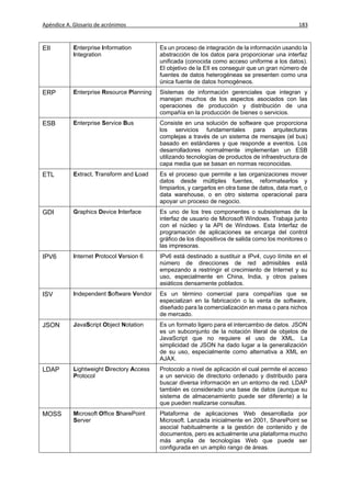 Apéndice A. Glosario de acrónimos                                                                 183



EII         Enterprise Information         Es un proceso de integración de la información usando la
            Integration                    abstracción de los datos para proporcionar una interfaz
                                           unificada (conocida como acceso uniforme a los datos).
                                           El objetivo de la EII es conseguir que un gran número de
                                           fuentes de datos heterogéneas se presenten como una
                                           única fuente de datos homogéneos.
ERP         Enterprise Resource Planning   Sistemas de información gerenciales que integran y
                                           manejan muchos de los aspectos asociados con las
                                           operaciones de producción y distribución de una
                                           compañía en la producción de bienes o servicios.
ESB         Enterprise Service Bus         Consiste en una solución de software que proporciona
                                           los servicios fundamentales para arquitecturas
                                           complejas a través de un sistema de mensajes (el bus)
                                           basado en estándares y que responde a eventos. Los
                                           desarrolladores normalmente implementan un ESB
                                           utilizando tecnologías de productos de infraestructura de
                                           capa media que se basan en normas reconocidas.
ETL         Extract, Transform and Load    Es el proceso que permite a las organizaciones mover
                                           datos desde múltiples fuentes, reformatearlos y
                                           limpiarlos, y cargarlos en otra base de datos, data mart, o
                                           data warehouse, o en otro sistema operacional para
                                           apoyar un proceso de negocio.
GDI         Graphics Device Interface      Es uno de los tres componentes o subsistemas de la
                                           interfaz de usuario de Microsoft Windows. Trabaja junto
                                           con el núcleo y la API de Windows. Esta Interfaz de
                                           programación de aplicaciones se encarga del control
                                           gráfico de los dispositivos de salida como los monitores o
                                           las impresoras.
IPV6        Internet Protocol Version 6    IPv6 está destinado a sustituir a IPv4, cuyo límite en el
                                           número de direcciones de red admisibles está
                                           empezando a restringir el crecimiento de Internet y su
                                           uso, especialmente en China, India, y otros países
                                           asiáticos densamente poblados.
ISV         Independent Software Vendor    Es un término comercial para compañías que se
                                           especializan en la fabricación o la venta de software,
                                           diseñado para la comercialización en masa o para nichos
                                           de mercado.
JSON        JavaScript Object Notation     Es un formato ligero para el intercambio de datos. JSON
                                           es un subconjunto de la notación literal de objetos de
                                           JavaScript que no requiere el uso de XML. La
                                           simplicidad de JSON ha dado lugar a la generalización
                                           de su uso, especialmente como alternativa a XML en
                                           AJAX.
LDAP        Lightweight Directory Access   Protocolo a nivel de aplicación el cual permite el acceso
            Protocol                       a un servicio de directorio ordenado y distribuido para
                                           buscar diversa información en un entorno de red. LDAP
                                           también es considerado una base de datos (aunque su
                                           sistema de almacenamiento puede ser diferente) a la
                                           que pueden realizarse consultas.
MOSS        Microsoft Office SharePoint    Plataforma de aplicaciones Web desarrollada por
            Server                         Microsoft. Lanzada inicialmente en 2001, SharePoint se
                                           asocial habitualmente a la gestión de contenido y de
                                           documentos, pero es actualmente una plataforma mucho
                                           más amplia de tecnologías Web que puede ser
                                           configurada en un amplio rango de áreas.
 