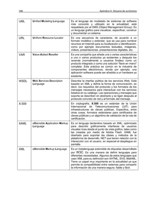 186                                                              Apéndice A. Glosario de acrónimos



UML     Unified Modeling Language       Es el lenguaje de modelado de sistemas de software
                                        más conocido y utilizado en la actualidad; está
                                        respaldado por el OMG (Object Management Group). Es
                                        un lenguaje gráfico para visualizar, especificar, construir
                                        y documentar un sistema.
URL     Uniform Resource Locator        Es una secuencia de caracteres, de acuerdo a un
                                        formato modélico y estándar, que se usa para nombrar
                                        recursos en Internet para su localización o identificación,
                                        como por ejemplo documentos textuales, imágenes,
                                        vídeos, presentaciones, presentaciones digitales, etc.
VAR     Value-Added Reseller            Es una compañía que añade una o varias características
                                        a uno o varios productos ya existentes y después los
                                        revende (normalmente a usuarios finales) como un
                                        producto integrado o como una solución "llave en mano"
                                        completa. Esta práctica es común en la industria de
                                        componentes electrónicos, donde por ejemplo, una
                                        aplicación software puede ser añadida a un hardware ya
                                        existente.
WSDL    Web Services Description        Describe la interfaz pública de los servicios Web. Está
        Language                        basado en XML y define la forma de comunicación, es
                                        decir, los requisitos del protocolo y los formatos de los
                                        mensajes necesarios para interactuar con los servicios
                                        listados en su catálogo. Las operaciones y mensajes que
                                        soporta se describen en abstracto y se ligan después al
                                        protocolo concreto de red y al formato del mensaje.
X.509                                   En criptografía, X.509 es un estándar de la Unión
                                        Internacional de Telecomunicaciones (UIT) para
                                        infraestructuras de claves públicas. Especifica, entre
                                        otras cosas, formatos estándares para certificados de
                                        claves públicas y un algoritmo de validación de la ruta de
                                        certificación.
XAML    eXtensible Application Markup   Es un lenguaje declarativo basado en XML, optimizado
        Language                        para describir gráficamente interfaces de usuarios
                                        visuales ricas desde el punto de vista gráfico, tales como
                                        las creadas por medio de Adobe Flash. XAML fue
                                        diseñado para soportar las clases y métodos de la
                                        plataforma de desarrollo .NET que tienen relación con la
                                        interacción con el usuario, en especial el despliegue en
                                        pantalla.
XML     eXtensible Markup Language      Es un metalenguaje extensible de etiquetas desarrollado
                                        por W3C. Es una manera de definir lenguajes para
                                        diferentes necesidades. Algunos de estos lenguajes que
                                        usan XML para su definición son XHTML, SVG, MathML.
                                        Tiene un papel muy importante en la actualidad ya que
                                        permite la compatibilidad entre sistemas para compartir
                                        la información de una manera segura, fiable y fácil.
 