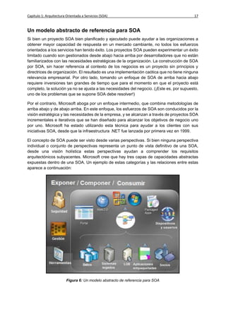 Capítulo 1: Arquitectura Orientada a Servicios (SOA)                                      17


Un modelo abstracto de referencia para SOA
Si bien un proyecto SOA bien planificado y ejecutado puede ayudar a las organizaciones a
obtener mayor capacidad de respuesta en un mercado cambiante, no todos los esfuerzos
orientados a los servicios han tenido éxito. Los proyectos SOA pueden experimentar un éxito
limitado cuando son gestionados desde abajo hacia arriba por desarrolladores que no están
familiarizados con las necesidades estratégicas de la organización. La construcción de SOA
por SOA, sin hacer referencia al contexto de los negocios es un proyecto sin principios y
directrices de organización. El resultado es una implementación caótica que no tiene ninguna
relevancia empresarial. Por otro lado, tomando un enfoque de SOA de arriba hacia abajo
requiere inversiones tan grandes de tiempo que para el momento en que el proyecto está
completo, la solución ya no se ajusta a las necesidades del negocio. (¡Este es, por supuesto,
uno de los problemas que se supone SOA debe resolver!)

Por el contrario, Microsoft aboga por un enfoque intermedio, que combina metodologías de
arriba abajo y de abajo arriba. En este enfoque, los esfuerzos de SOA son conducidos por la
visión estratégica y las necesidades de la empresa, y se alcanzan a través de proyectos SOA
incrementales e iterativos que se han diseñado para alcanzar los objetivos de negocio uno
por uno. Microsoft ha estado utilizando esta técnica para ayudar a los clientes con sus
iniciativas SOA, desde que la infraestructura .NET fue lanzada por primera vez en 1999.

El concepto de SOA puede ser visto desde varias perspectivas. Si bien ninguna perspectiva
individual o conjunto de perspectivas representa un punto de vista definitivo de una SOA,
desde una visión holística estas perspectivas ayudan a comprender los requisitos
arquitectónicos subyacentes. Microsoft cree que hay tres capas de capacidades abstractas
expuestas dentro de una SOA. Un ejemplo de estas categorías y las relaciones entre estas
aparece a continuación:




                         Figura 6: Un modelo abstracto de referencia para SOA
 