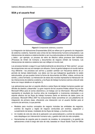 Capítulo 2: Mensajes y Servicios                                                            51


SOA y el usuario final




                               Figura 5: Comparando sistemas y usuarios
La Integración de Aplicaciones Empresariales (EAI) se refiere por lo general a la integración
de sistema a sistema, haciendo caso omiso de las interacciones humano-computadora. Las
interacciones de sistema a sistema tienden a ser muy estructuradas en términos de procesos
y datos - por ejemplo, un proceso de retiro de efectivo utiliza procesos bien definidos
(Procesos de Orden de Compra) y documentos de negocio (Orden de Compra). Las
interacciones de sistema a sistema rara vez reflejan el mundo real.

Los procesos tienden a seguir lo que tradicionalmente se denomina el “feliz camino”, ya que
las excepciones rara vez se manejan con eficacia. Como la gente trabaja en el mundo real es
muy diferente - los procesos son ad-hoc y pueden cambiar con frecuencia dentro de un
período de tiempo determinado. Los datos con los que trabajamos igualmente no están
estructurados, ya que pueden tomar la forma de documentos de Office, vídeos, archivos de
sonido, y otros formatos. La intersección de estos dos mundos representa la intersección de
las interacciones de sistema a sistema, y los flujos de trabajo humanos (vamos a discutir este
tema con mayor detalle en el capítulo 3).

Las aplicaciones que dan un soporte efectivo a estos flujos de trabajo humanos pueden ser
difíciles de diseñar y desarrollar. La gran mayoría de los usuarios finales utilizan hoy en día
Microsoft Office para el correo electrónico y el trabajo con la información. Microsoft Office
representa el resultado de muchos años de investigación e inversiones orientadas a un
soporte efectivo de los flujos de trabajo humanos (tanto en términos de datos como de
procesos). Microsoft Office 2007 ha evolucionado hasta convertirse en una plataforma de
integración de primera clase, ofreciendo una interacción con el usuario familiar para el
consumo de servicios, lo que permite:

   Modelos para muchos conceptos de negocio incluidas las entidades de negocios,
    eventos de negocio y reglas de negocio conducidas por eventos, asignación y
    cumplimiento de tareas, modelado de los flujos de trabajo, y muchos otros.
   Un modelo de ciclo de vida de la aplicación con personalización y control de versiones,
    auto despliegue con intervención humana nula, y gestión del ciclo de vida completo.
   Herramientas de soporte para la creación de modelos, la composición y la gestión de
    aplicaciones a todo lo largo del ciclo de vida, basadas en Visual Studio Tools for Office
 