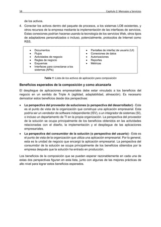 58                                                                        Capítulo 2: Mensajes y Servicios


     de los activos.
4. Conectar los activos dentro del paquete de procesos, a los sistemas LOB existentes, y
   otros recursos de la empresa mediante la implementación de las interfaces de servicios.
   Estas conexiones podrían hacerse usando la tecnología de los servicios Web, otros tipos
   de adaptadores personalizados o incluso, potencialmente, protocolos de Internet como
   RSS.

            Documentos                                     Pantallas de interfaz de usuario (UI)
            Flujos                                         Conexiones de datos
            Actividades de negocio                         Autorizaciones
            Reglas de negocio                              Reportes
            Esquemas                                       Métricas
            Interfaces para conectarse a los
             sistemas (APIs)


                       Tabla 1: Lista de los activos de aplicación para composición

Beneficios esperados de la composición y como alcanzarla
El despliegue de aplicaciones empresariales debe estar vinculado a los beneficios del
negocio en un sentido de Triple A (agilidad, adaptabilidad, alineación). Es necesario
demostrar estos beneficios desde dos perspectivas:

    La perspectiva del proveedor de soluciones (o perspectiva del desarrollador) - Este
     es el punto de vista de la organización que construye una aplicación empresarial. Esta
     podría ser un vendedor de software independiente (ISV), o un integrador de sistemas (SI),
     o incluso un departamento de TI en la propia organización. La perspectiva del proveedor
     de la solución se ocupa principalmente de los beneficios obtenidos en las actividades
     relacionadas con el diseño, la implementación y el despliegue de las aplicaciones
     empresariales.
    La perspectiva del consumidor de la solución (o perspectiva del usuario) - Este es
     el punto de vista de la organización que utiliza una aplicación empresarial. Por lo general,
     esta es la unidad de negocio que encargó la aplicación empresarial. La perspectiva del
     consumidor de la solución se ocupa principalmente de los beneficios obtenidos por la
     empresa después que la solución ha entrado en producción.

Los beneficios de la composición que se pueden esperar razonablemente en cada una de
estas dos perspectivas figuran en esta lista, junto con algunas de las mejores prácticas de
alto nivel para lograr estos beneficios esperados.
 