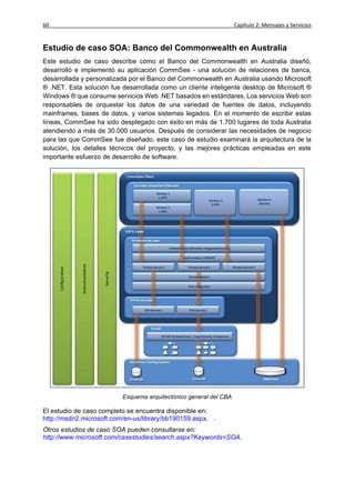 60                                                                 Capítulo 2: Mensajes y Servicios


Estudio de caso SOA: Banco del Commonwealth en Australia
Este estudio de caso describe cómo el Banco del Commonwealth en Australia diseñó,
desarrolló e implementó su aplicación CommSee - una solución de relaciones de banca,
desarrollada y personalizada por el Banco del Commonwealth en Australia usando Microsoft
® .NET. Esta solución fue desarrollada como un cliente inteligente desktop de Microsoft ®
Windows ® que consume servicios Web .NET basados en estándares. Los servicios Web son
responsables de orquestar los datos de una variedad de fuentes de datos, incluyendo
mainframes, bases de datos, y varios sistemas legados. En el momento de escribir estas
líneas, CommSee ha sido desplegado con éxito en más de 1.700 lugares de toda Australia
atendiendo a más de 30.000 usuarios. Después de considerar las necesidades de negocio
para las que CommSee fue diseñado, este caso de estudio examinará la arquitectura de la
solución, los detalles técnicos del proyecto, y las mejores prácticas empleadas en este
importante esfuerzo de desarrollo de software.




                          Esquema arquitectónico general del CBA

El estudio de caso completo se encuentra disponible en:
http://msdn2.microsoft.com/en-us/library/bb190159.aspx. .
Otros estudios de caso SOA pueden consultarse en:
http://www.microsoft.com/casestudies/search.aspx?Keywords=SOA.
 