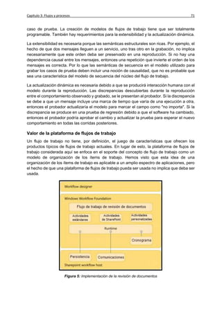 Capítulo 3: Flujos y procesos                                                             71


caso de prueba. La creación de modelos de flujos de trabajo tiene que ser totalmente
programable. También hay requerimientos para la extensibilidad y la actualización dinámica.

La extensibilidad es necesaria porque las semánticas estructurales son ricas. Por ejemplo, el
hecho de que dos mensajes lleguen a un servicio, uno tras otro en la grabación, no implica
necesariamente que este orden deba ser preservado en una reproducción. Si no hay una
dependencia causal entre los mensajes, entonces una repetición que invierte el orden de los
mensajes es correcta. Por lo que las semánticas de secuencia en el modelo utilizado para
grabar los casos de prueba deben incluir una noción de causalidad, que no es probable que
sea una característica del modelo de secuencia del núcleo del flujo de trabajo.

La actualización dinámica es necesaria debido a que se producirá interacción humana con el
modelo durante la reproducción. Las discrepancias descubiertas durante la reproducción
entre el comportamiento observado y grabado, se le presentan al probador. Si la discrepancia
se debe a que un mensaje incluye una marca de tiempo que varía de una ejecución a otra,
entonces el probador actualizaría el modelo para marcar el campo como "no importa". Si la
discrepancia se produce en una prueba de regresión debido a que el software ha cambiado,
entonces el probador podría aprobar el cambio y actualizar la prueba para esperar el nuevo
comportamiento en todas las corridas posteriores.

Valor de la plataforma de flujos de trabajo
Un flujo de trabajo no tiene, por definición, el juego de características que ofrecen los
productos típicos de flujos de trabajo actuales. En lugar de esto, la plataforma de flujos de
trabajo considerada aquí se enfoca en el soporte del concepto de flujo de trabajo como un
modelo de organización de los ítems de trabajo. Hemos visto que esta idea de una
organización de los ítems de trabajo es aplicable a un amplio espectro de aplicaciones, pero
el hecho de que una plataforma de flujos de trabajo pueda ser usada no implica que deba ser
usada.




                         Figura 5: Implementación de la revisión de documentos
 