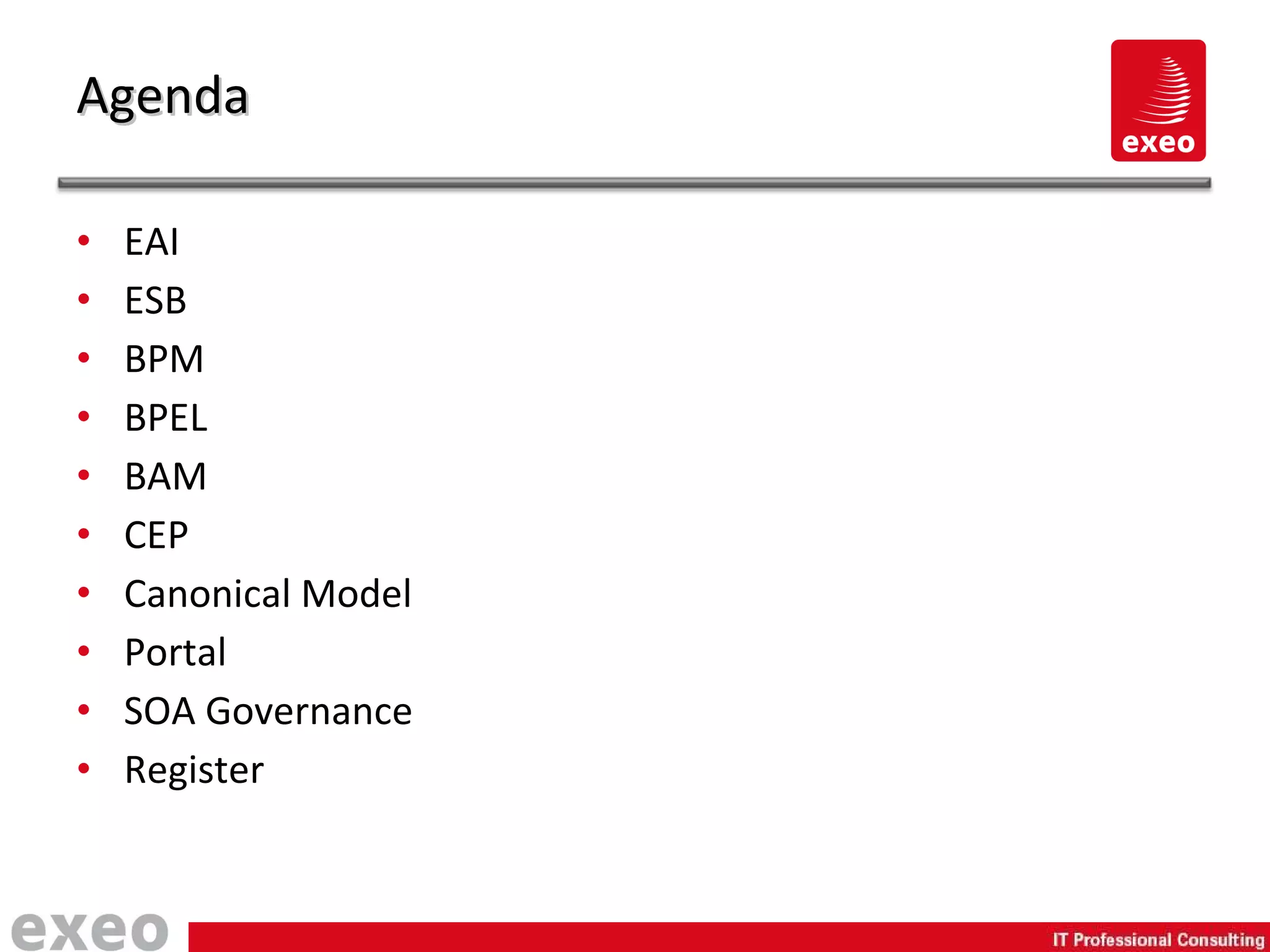 EAI ESB BPM BPEL BAM CEP Canonical Model Portal SOA Governance Register Agenda 