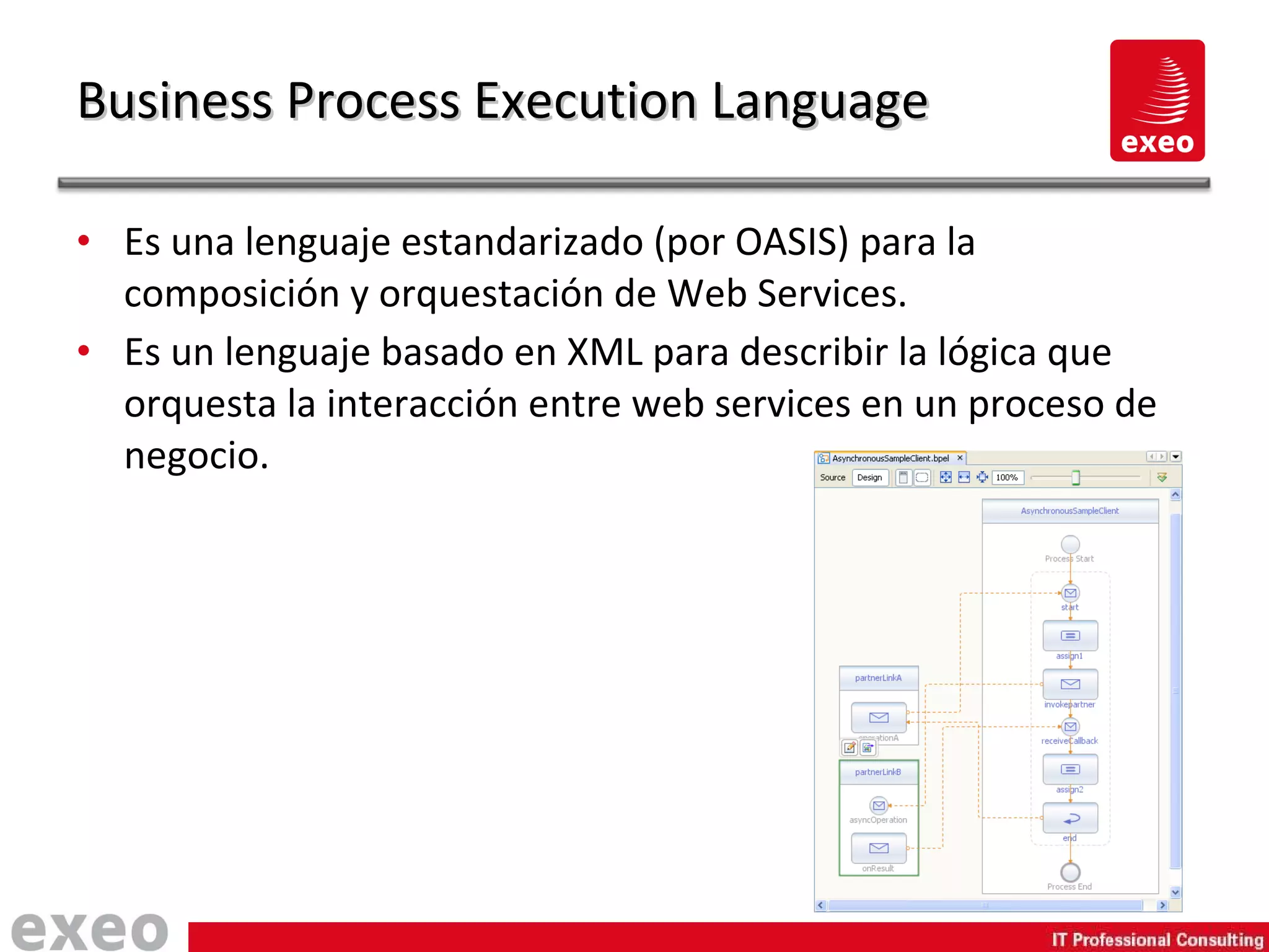 Es una lenguaje estandarizado (por OASIS) para la composición y orquestación de Web Services. Es un lenguaje basado en XML para describir la lógica que orquesta la interacción entre web services en un proceso de negocio. Business Process Execution Language 