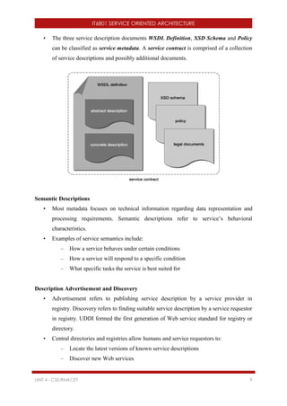 IT6801 SERVICE ORIENTED ARCHITECTURE
UNIT 4 - CSE/RMKCET 9
• The three service description documents WSDL Definition, XSD Schema and Policy
can be classified as service metadata. A service contract is comprised of a collection
of service descriptions and possibly additional documents.
Semantic Descriptions
• Most metadata focuses on technical information regarding data representation and
processing requirements. Semantic descriptions refer to service’s behavioral
characteristics.
• Examples of service semantics include:
– How a service behaves under certain conditions
– How a service will respond to a specific condition
– What specific tasks the service is best suited for
Description Advertisement and Discovery
• Advertisement refers to publishing service description by a service provider in
registry. Discovery refers to finding suitable service description by a service requestor
in registry. UDDI formed the first generation of Web service standard for registry or
directory.
• Central directories and registries allow humans and service requestors to:
– Locate the latest versions of known service descriptions
– Discover new Web services
 