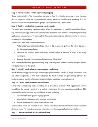 IT6801 SERVICE ORIENTED ARCHITECTURE
UNIT 5 - CSE/RMKCET 10
Step 7: Revise business service operation grouping
Based on the results of the composition exercise in Step 6, revisit the grouping of your business
process steps and revise the organization of service operation candidates as necessary. It is not
unusual to consolidate or create new groups (service candidates) at this point.
Step 8: Analyze application processing requirements
The underlying processing requirements of all service candidates is carefully studied to abstract
any further technology-centric service candidates from this view that will complete a preliminary
application services layer. To accomplish this, each processing step identified so far is required
to undergo a mini-analysis.
Specifically, what need to be determined is:
 What underlying application logic needs to be executed to process the action described
by the operation candidate.
 Whether the required application logic already exists or whether it needs to be newly
developed.
 Is more than one system required to complete this action?
Note that the information gathered during Step 2 of the parent service-oriented analysis process
will be referenced at this point.
Step 9: Identify application service operation candidates
Break down each application logic processing requirement into a series of steps. Then these steps
are labeled explicitly so that they reference the function they are performing. Ideally, the
business process step for which this function is being identified is not referenced.
Step 10: Create application service candidates
Group these processing steps according to a predefined context. With application service
candidates, the primary context is a logical relationship between operation candidates. This
relationship can be based on any number of factors, including:
 association with a specific legacy system
 association with one or more solution components
 logical grouping according to type of function
Various other issues are factored in once service candidates are subjected to the service-oriented
design process. For now, this grouping establishes a preliminary application service layer.
Step 11: Revise candidate service compositions
 