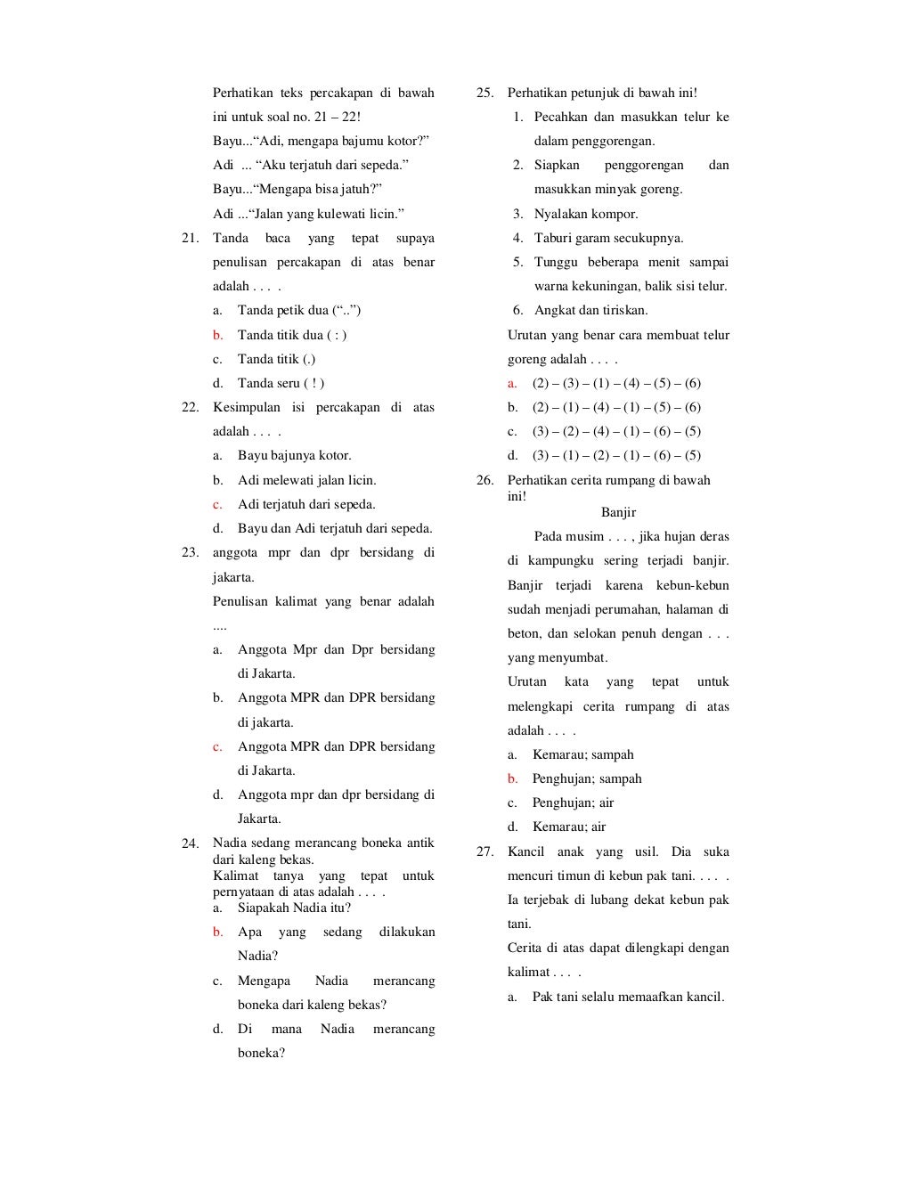Soal UAS Kelas IV Semester 1 Bahasa Indonesia dan Kunci