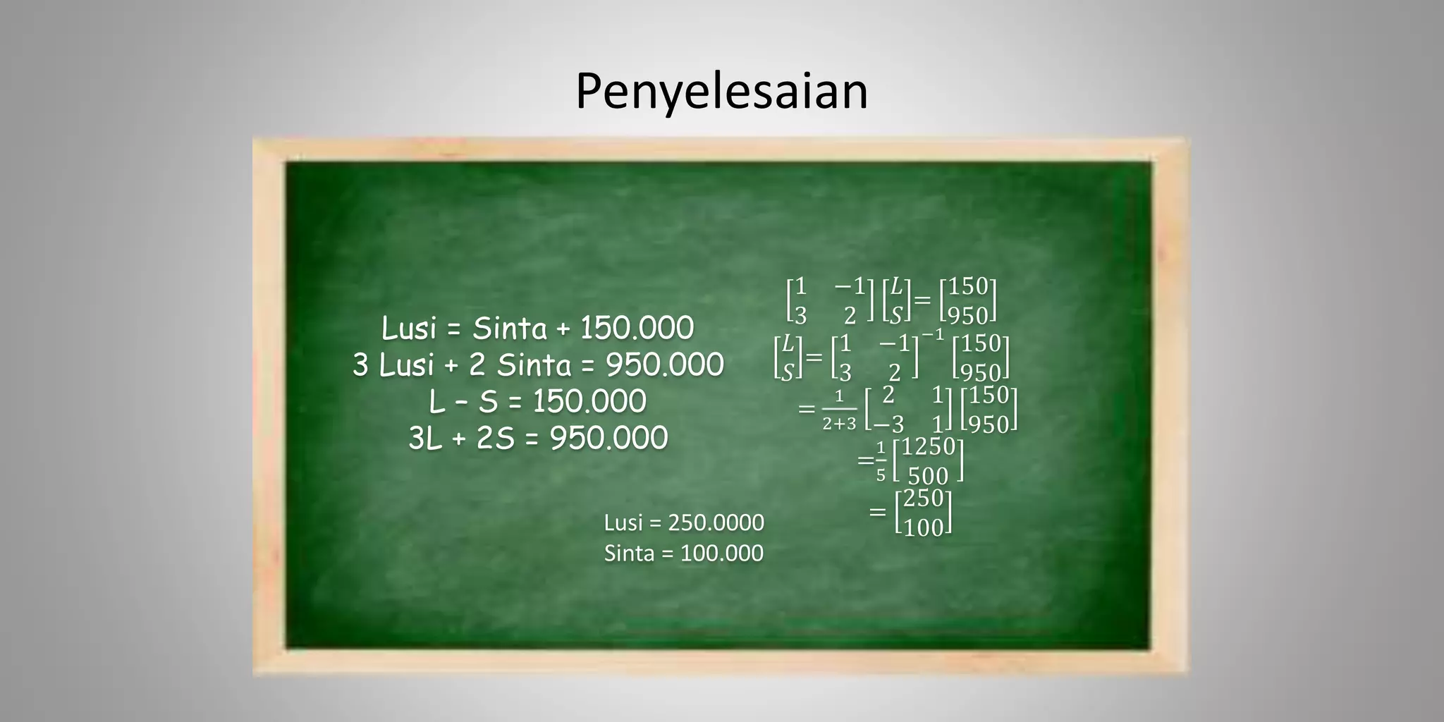 Penyelesaian
Lusi = Sinta + 150.000
3 Lusi + 2 Sinta = 950.000
L – S = 150.000
3L + 2S = 950.000
1 −1
3 2
𝐿
𝑆
=
150
950
𝐿
𝑆
=
1 −1
3 2
−1
150
950
=
1
2+3
2 1
−3 1
150
950
=
1
5
1250
500
=
250
100Lusi = 250.0000
Sinta = 100.000
 