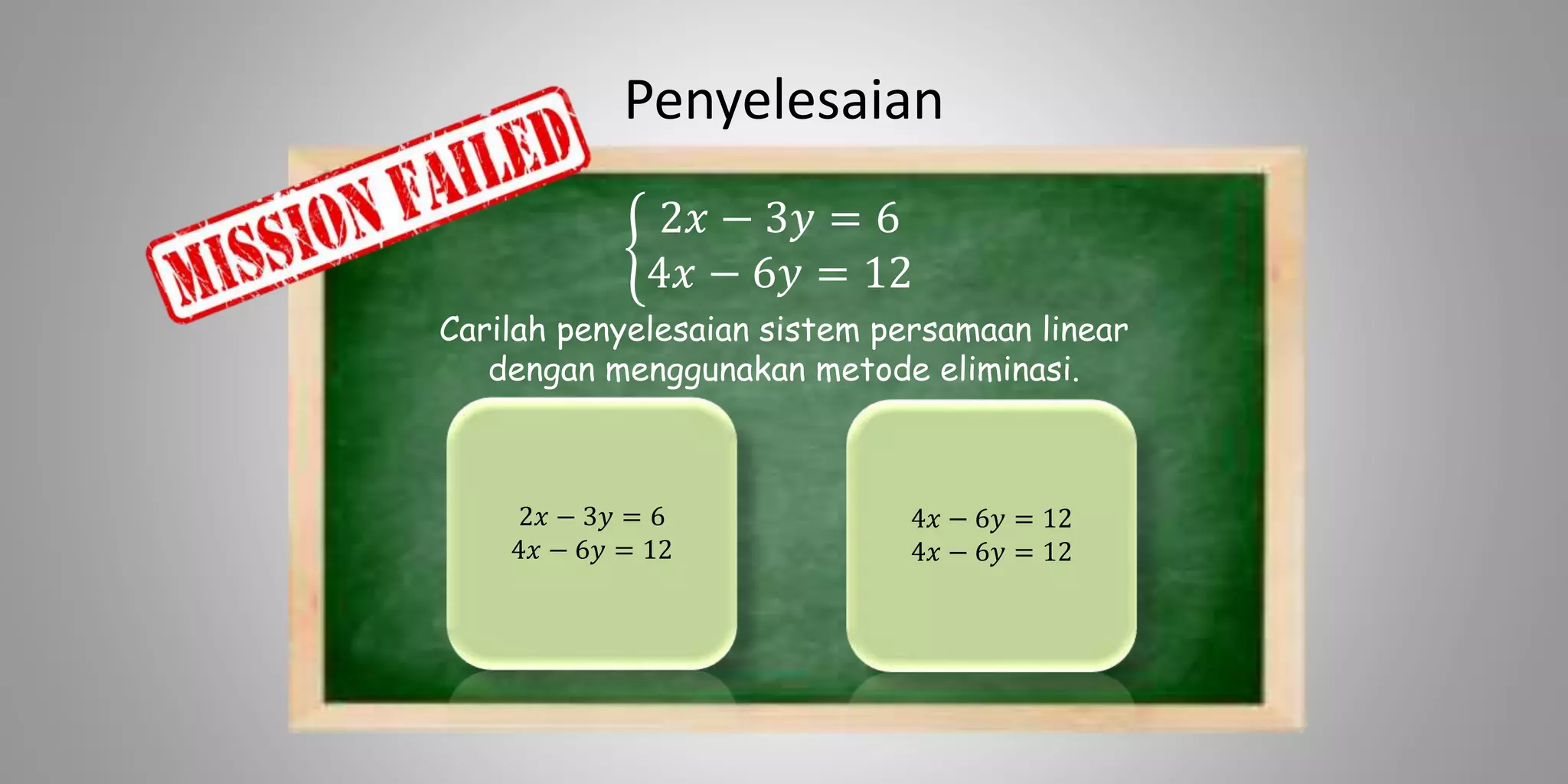 Penyelesaian
Carilah penyelesaian sistem persamaan linear
dengan menggunakan metode eliminasi.
2𝑥 − 3𝑦 = 6
4𝑥 − 6𝑦 = 12
4𝑥 − 6𝑦 = 12
4𝑥 − 6𝑦 = 12
2𝑥 − 3𝑦 = 6
4𝑥 − 6𝑦 = 12
 