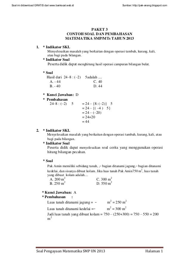 Soal Dan Pembahasan Ujian Nasional Matematika Smp 2013 Paket 3