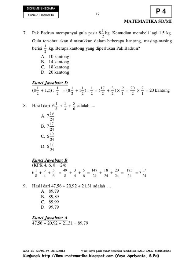 Soal Un Dan Kunci Jawaban Matematika Sd 2012 2013