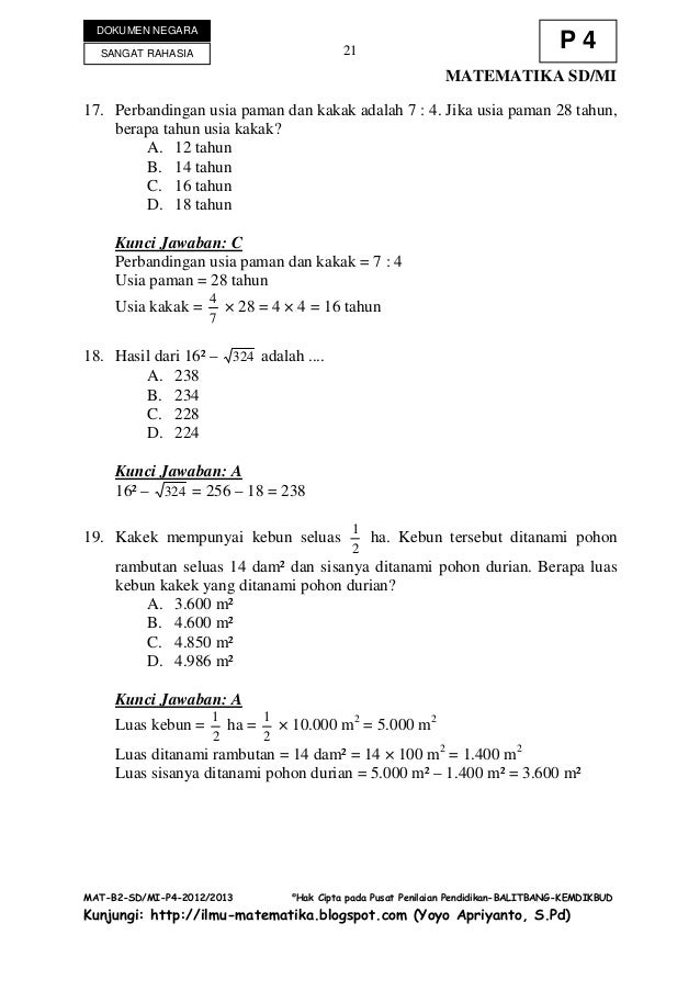 Soal Un Dan Kunci Jawaban Matematika Sd 2012 2013