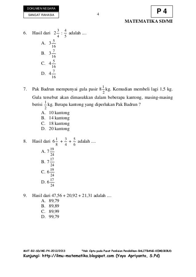 soal Pelajaran sekolah kisi kisi soal un matematika kelas  soal un sd 2015 pdf kunci tanggapan soal un matematika 2012 soal un dankunci