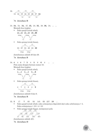 17
32.	
15	12	19	16	23	20	27	24
+4 +4
+4 +4 +4
+4
## Jawaban: B
33.	 24, 24, 24, 27, 25, 24, 25, 28, 26, 24, ... ...
Menjadi dua tingkat.
	 Suku ganjil (cetak tebal),
24 	 24	 25	25	 26	 26	
tetap tetap tetap
	 Suku genap (cetak biasa),
+1 +1
tetap tetap
24	27	24	28	24	29
Jawabannya adalah 26 dan 29.
## Jawaban: B
34.	 4	 4 4 7 5 4 5 8 6 4 ...	 ...
Pola sama dengan barisan nomor 33.
Menjadi dua tingkat.
	 Suku ganjil (cetak tebal),
4 	 4	 5	5	 6	 6	
tetap tetap tetap
	 Suku genap (cetak biasa),
+1 +1
tetap tetap
4	7	4	8	4	9
Jawabannya adalah 6 dan 9.
## Jawaban: B
35.	 3 17 7 65 11 145 15 257 19 	 ...
	 Suku ganjil (cetak tebal), suku selanjutnya diperoleh dari suku sebelumnya + 4.
Suku selanjutnya = 19 + 4 = 23
	 Suku genap (cetak biasa), mempunyai pola
17 65 145 257 401	
+48
+32
+80
+32
+112
+32
+144
Jawabannya adalah 401.
## Jawaban: D
+1 +1
+1 +1
 