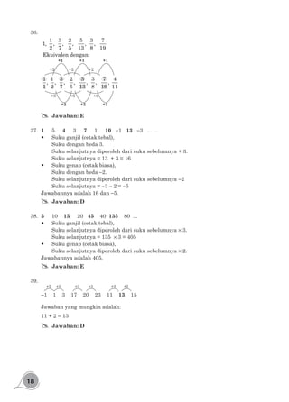 18
36.	
1 3 2 5 3 7
1, , , , , ,
2 7 5 13 8 19
Ekuivalen dengan:
1 1 3 2 5 3 7 4
, , , , , , ,
1 2 7 5 13 8 19 11
+6
+2 +2
+1 +1 +1
+2
+3 +3 +3
+6 +6
## Jawaban: E
37.	 1	5	4	 3 	 7 	 1 	 10	 -1	 13	 -3 ... ...
	 Suku ganjil (cetak tebal),
Suku dengan beda 3.
Suku selanjutnya diperoleh dari suku sebelumnya + 3.
Suku selanjutnya = 13 + 3 = 16
	 Suku genap (cetak biasa),
Suku dengan beda -2.
Suku selanjutnya diperoleh dari suku sebelumnya -2
Suku selanjutnya = -3 - 2 = -5
Jawabannya adalah 16 dan -5.
## Jawaban: D
38.	 5 10 15 20 45 40 135 80 ...
	 Suku ganjil (cetak tebal),
Suku selanjutnya diperoleh dari suku sebelumnya 3.
Suku selanjutnya = 135 3 = 405
	 Suku genap (cetak biasa),
Suku selanjutnya diperoleh dari suku sebelumnya 2.
Jawabannya adalah 405.
## Jawaban: E
39.	
+2 +2 +3 +3 +2 +2
-1 1 3 17 20 23 11 13 15
Jawaban yang mungkin adalah:
11 + 2 = 13
## Jawaban: D
 