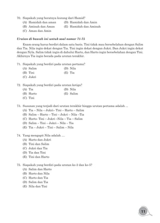 11
70.	 Siapakah yang beratnya kurang dari Hamid?
(A)	 Hamidah dan aman		 (D)	 Hamidah dan Amin
(B)	 Aminah dan Aman		 (E)	 Hamidah dan Aminah
(C)	 Aman dan Amin	
Uraian di bawah ini untuk soal nomor 71-75
Enam orang harus berdiri dalam satu baris. Tini tidak mau bersebelahan dengan Salim
dan Tia. Nila ingin dekat dengan Tia. Tini ingin dekat dengan Jukri. Dan Jukri ingin dekat
dengan Nyla. Salim tidak ingin di dahului Harto, dan Harto ingin bersebelahan dengan Tini.
Akhirnya Tia ingin berada pada urutan terakhir.
71.	 Siapakah yang berdiri pada urutan pertama?
(A)	Salim					(D)	Nila
(B)	Tini						(E)	Tia
(C)	Jukri
72.	 Siapakah yang berdiri pada urutan ketiga?
(A)	Tia						(D)	Nila
(B)	Harto					(E)	Salim
(C)	Tini
73.	 Susunan yang terjadi dari urutan terakhir hingga urutan pertama adalah ...
(A)	 Tia – Nila – Jukri– Tini – Harto – Salim
(B)	 Salim – Harto – Tini – Jukri – Nila –Tia
(C)	 Harto- Tini – Jukri –Nila – Tia – Salim
(D)	 Salim – Tini – Jukri – Nila – Tia
(E)	 Tia – Jukri – Tini – Salim – Nila
74.	 Yang mengapit Nila adalah ....
(A)	 Harto dan Jukri
(B)	 Tini dan Salim
(C)	 Jukri dan Tia
(D)	 Tia dan Tini
(E)	 Tini dan Harto
75.	 Siapakah yang berdiri pada urutan ke-2 dan ke-5?
(A)	 Salim dan Harto
(B)	 Harto dan Nila
(C)	 Harto dan Tia
(D)	 Salim dan Tia
(E)	 Nila dan Tini
 