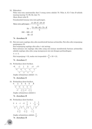16
32.	Diketahui:
Nilai rata-rata matematika dari 5 orang siswa adalah 70. Nilai A, B, C dan D adalah
masing-masing 73, 90, 62, dan 75.
Akan dicari nilai E.
Gunakanlah konsep rata-rata gabungan.
+ + + +
=
+ + + +
=
− =
=
Rata-rata gabungan
5
73 90 62 75
70
5
350 300
50
A B C D E
E
E
E
## Jawaban: B
33.	 Sisi sisi suatu segitiga siku-siku membentuk barisan aritmetika. Sisi siku-siku terpanjang
panjangnya 35.
Sisi terpanjang segitiga siku-siku = sisi miring.
Satu-satunya sisi segitiga siku-siku yang sisi-sisinya membentuk barisan aritmetika
adalah segitiga siku-siku yang mempunyai sisi-sisi dengan perbandingan:
3 : 4 : 5.
Sisi terpanjang = 35, maka sisi terpendek =
3
5
× 35 = 21.
## Jawaban: C
34.	 Perhatikan deret berikut.
-6 -1 1 0 -4 -11
+5
-3
+2
-3
-1
-3
-4
-3
-7
Angka selanjutnya adalah -11.
## Jawaban: E
35.	 Perhatikan deret berikut.
0 2 8 6 0 2
+2
×3 × ×3 ×
+6 -2 -6 +2
1
3
x
 
− 
 
1
3
x
 
− 
 
Angka selanjutnya adalah 2.
## Jawaban: B
36.	 Perhatikan deret berikut.
2 4 –1 –2
1
2
1 −
1
4
	–
×2 ×2 ×2 ×2
1
2
1
4
 
× −  
1
4
 
× −  
1
4
 
× −  
Angka selanjutnya adalah –
1
2
.
## Jawaban: B
 