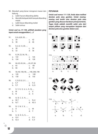 12
90.	 Manakah yang benar mengenai mawar dan
bakung
a.	 Lebih harum dibanding dahlia
b.	 Memilikikelopaklebihbanyakdibanding
melati
c.	 Lebih besar dibanding melati
d.	 Salah semua
Untuk soal no. 91-100, pilihlah jawaban yang
tepat untuk menggantikan (…)!
91.		 0, 6, 6,20, 20, …
a.	34				c. 	42
b.	38				d. 	46
92.		 0, 2, 6, 12, 20, …
a.	30				c. 	34
b.	32				d. 	36
93.		 8, 24, 22, 56, 18, …
a.	122				c. 	126
b.	124				d. 	128
94.		 64, 63, 65, 64, …, 65, 67, 66
a.	65				c.	68
b.	66				d. 	70
95.		 50, 40, 100, 90, …, 140, 200, 190
a.	120				c.	140
b.	130				d. 	150
96. 		 C, D, D ,E, E, F, . . . .
a.	E, F				c.	F, G
b.	F, F				d.	G, G
97.		 X, Y, K, X, U, L, X, Q, …
a.	M				c.	V
b.	N				d.	X
98.		 A, B, C, E, H, ….
a.	M, T				c.	N, U
b.	N, T				d.	M, U
99.		 D, Y, N, Y, X, ….
a.	A				c.	W
b.	S				d.	Y
100.		 A, B, D, G, K, ….
a.	O, V				c.	P, U
b.	O, U				d.	S, V
PETUNJUK
Untuk soal nomor 111-120, Anda akan melihat
deretan pola atau gambar. Untuk masing-
masing soal terdiri atas deretan pola atau
gambar yang disusun berdasar prinsip tertentu.
Tugas Anda adalah memilih salah satu dari
empat pilihan yang merupakan lanjutan dari
deretan pola atau gambar dalam soal.
111.
...
a. b. c. d.
112.
...
a. b. c. d.
113.
a. b. c. d.
114.
...
a. b. c. d.
 