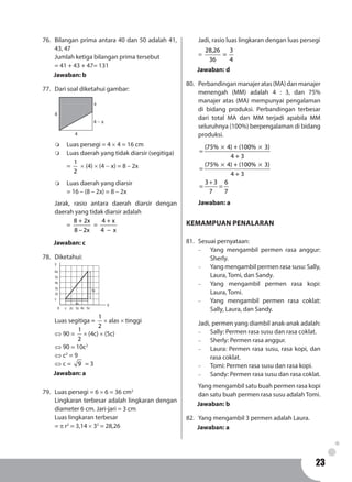 2323
76.	 Bilangan prima antara 40 dan 50 adalah 41,
43, 47
Jumlah ketiga bilangan prima tersebut
= 41 + 43 + 47= 131
Jawaban: b
77.	 Dari soal diketahui gambar:
4
4
x
4 - x
m	 Luas persegi = 4 × 4 = 16 cm
m	 Luas daerah yang tidak diarsir (segitiga)
	=
1
2
× (4) × (4 - x) = 8 – 2x
m	 Luas daerah yang diarsir
	 = 16 – (8 – 2x) = 8 – 2x
Jarak, rasio antara daerah diarsir dengan
daerah yang tidak diarsir adalah
	=
8 + 2x
8 2x−
=
4 + x
4 x−
Jawaban: c
78.	Diketahui:
	
	
0 c
c
2c
2c
3c
5c
3c
4c
4c
4c
5c
5c
6c
Y
X
Luas segitiga =
1
2
× alas × tinggi
⇔ 90 =
1
2
× (4c) × (5c)
⇔ 90 = 10c2
⇔ c2
= 9
⇔ c = 9 = 3
Jawaban: a
79.	 Luas persegi = 6 × 6 = 36 cm2
Lingkaran terbesar adalah lingkaran dengan
diameter 6 cm. Jari-jari = 3 cm
Luas lingkaran terbesar
= p r2
= 3,14 × 32
= 28,26
Jadi, rasio luas lingkaran dengan luas persegi
=
28,26 3
=
36 4
Jawaban: d
80.	 Perbandinganmanajeratas(MA)danmanajer
menengah (MM) adalah 4 : 3, dan 75%
manajer atas (MA) mempunyai pengalaman
di bidang produksi. Perbandingan terbesar
dari total MA dan MM terjadi apabila MM
seluruhnya (100%) berpengalaman di bidang
produksi.
(75% 4) + (100% 3)
4 + 3
(75% 4) + (100% 3)
4 + 3
3 3 6
7 7
× ×
=
× ×
=
+
= =
Jawaban: a
KEMAMPUAN PENALARAN
81.	 Sesuai pernyataan:
-	 Yang mengambil permen rasa anggur:
Sherly.
-	 Yang mengambil permen rasa susu: Sally,
Laura, Tomi, dan Sandy.
-	 Yang mengambil permen rasa kopi:
Laura, Tomi.
-	 Yang mengambil permen rasa coklat:
Sally, Laura, dan Sandy.
	 Jadi, permen yang diambil anak-anak adalah:
-	 Sally: Permen rasa susu dan rasa coklat.
-	 Sherly: Permen rasa anggur.
-	 Laura: Permen rasa susu, rasa kopi, dan
rasa coklat.
-	 Tomi: Permen rasa susu dan rasa kopi.
-	 Sandy: Permen rasa susu dan rasa coklat.
Yang mengambil satu buah permen rasa kopi
dan satu buah permen rasa susu adalahTomi.
Jawaban: b
82.	 Yang mengambil 3 permen adalah Laura.
Jawaban: a
 