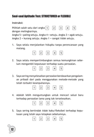 12
Soal-soal Aptitude Test: STRUCTURED or FLEXIBLE
Instruksi:
Pilihlah salah satu dari angka 1 2 3 4 5
dengan melingkarinya.
Angka 5 = paling setuju. Angka 4 = setuju. Angka 3 = agak setuju.
Angka 2 = kurang setuju. Angka 1 = sangat tidak setuju.
1.	 Saya selalu menjalankan hidupku tanpa perencanaan yang
matang.
1 2 3 4 5
2.	 Saya selalu mempertimbangkan semua kemungkinan sebe-
lum mengambil keputusan terhadap suatu persoalan.
1 2 3 4 5
3.	 Saya sering menyelesaikan persoalan berdasarkan pengalam-
an pribadi dari pada menggunakan metode-metode yang
telah terbukti keampuhannya.
1 2 3 4 5
4.	 Adalah lebih menguntungkan untuk mencari solusi baru
terhadap persoalan lama yang tak terselesaikan.
1 2 3 4 5
5.	 Saya sering bertindak tidak kaku/fleksibel terhadap kepu-
tusan yang telah saya tetapkan sebelumnya.
1 2 3 4 5
 