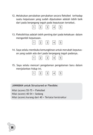 14
12.	Melakukan perubahan perubahan secara fleksibel  terhadap
suatu keputusan yang sudah diputuskan adalah lebih baik
dari pada berpegang teguh pada keputusan tersebut.
1 2 3 4 5
13. Fleksibilitas adalah lebih penting dari pada kekakuan dalam
mengambil keputusan.
1 2 3 4 5
14.	Saya selalu membuka kemungkinan untuk merubah keputus-
an yang sudah ada dari pada berpegang teguh padanya.
1 2 3 4 5
15. Saya selalu mencari pengalaman pengalaman baru dalam
menjalankan hidup ini.
1 2 3 4 5
JAWABAN untuk Structured or Flexible:
Nilai (score) 55-75 = Fleksibel
Nilai (score) 40-54 = Sedang
Nilai (score) kurang dari 40 = Tertata/terstruktur
 