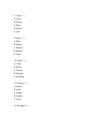 8. Tunai >< .... 
A. Lunas 
B. Hutang 
C. Bayar 
D. Kontan 
E. Cash 
9. Gagal >< .... 
A. Batal 
B. Bahaya 
C. Berhasil 
D. Berguna 
E. Sukses 
10. Tandus >< …. 
A. Subur 
B. Kering 
C. Gersang 
D. Kemarau 
E. Kerontang 
11. Kampiun >< .... 
A. pensiun 
B. amatir 
C. canggih 
D. bermutu 
E. cerdas 
12. Meninggal >< .... 
 