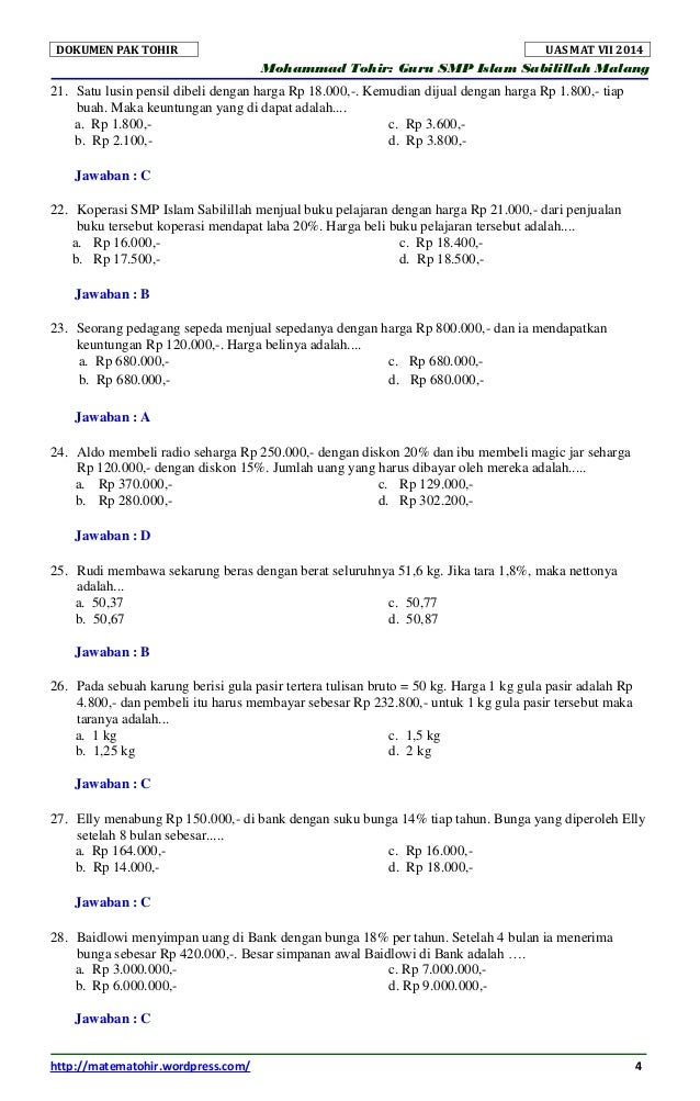 Soal Dan Kunci Jawaban Uas Matematika Smp Semester 2 Kelas 7 Tahun 20