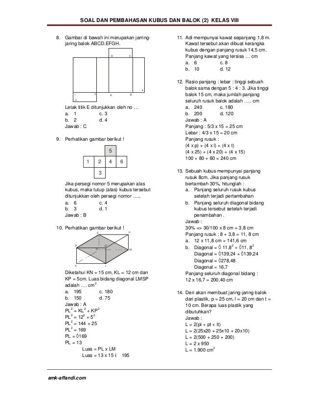 Soal matematika kelas 8 semester 2 tentang kubus dan balok