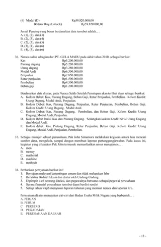 - 13 -
(6) Modal (D) Rp59.820.000,00
Ikhtisar Rugi/Laba(K) Rp59.820.000,00
Jurnal Penutup yang benar berdasarkan data tersebut adalah... .
A. (1), (2), dan (3)
B. (2), (3), dan (4)
C. (2), (3), dan (5)
D. (3), (4), dan (6)
E. (4), (5), dan (6)
36. Neraca saldo sebagian dari PT. GULA MADU pada akhir tahun 2010, sebagai berikut:
Kas Rp5.200.000,00
Piutang dagang Rp5.230.000,00
Utang dagang Rp3.280.000,00
Modal Andi Rp6.500.000,00
Penjualan Rp7.850.000,00
Retur penjualan Rp1.500.000,00
Pembelian Rp4.500.000,00
Beban gaji Rp1.200.000,00
Berdasarkan data di atas, pada Neraca Saldo Setelah Penutupan akan terlihat akun sebagai berikut:
A. Kolom Debet: Kas, Piutang Dagang, Beban Gaji, Retur Penjualan, Pembelian. Kolom Kredit:
Utang Dagang, Modal Andi, Penjualan.
B. Kolom Debet: Kas, Piutang Dagang, Penjualan, Retur Penjualan, Pembelian, Beban Gaji.
Kolom Kredit: Utang Dagang, Modal Andi.
C. Kolom Debet: Kas, Piutang Dagang, Pembelian, dan Beban Gaji. Kolom Kredit: Utang
Dagang, Modal Andi, Penjualan.
D. Kolom Debet berisi Kas dan Piutang Dagang. Sedangkan kolom Kredit berisi Utang Dagang
dan Modal Andi.
E. Kolom debet: Kas, Piutang Dagang, Retur Penjualan, Beban Gaji. Kolom Kredit: Utang
Dagang, Modal Andi, Penjualan, Pembelian.
37. Sebagai manajer sebuah perusahaan, Pak John Simamora melakukan kegiatan antara lain mencari
sumber dana, mengelola, sampai dengan membuat laporan pertanggungjawaban. Pada kasus ini,
kegiatan yang dilakukan Pak John termasuk memanfaatkan unsur manajemen... .
A. men
B. money
C. matherial
D. machine
E. methode
38. Perhatikan pernyataan berikut ini!
1. Bertujuan melayani kepentingan umum dan tidak melupakan laba
2. Berstatus Badan Hukum dan diatur oleh Undang-Undang
3. Dipimpin oleh seorang direksi, dan pegawainya berstatus sebagai pegawai perusahaan
4. Secara finansial perusahaan tersebut dapat berdiri sendiri
5. Setiap tahun wajib menyusun laporan tahunan yang memuat neraca dan laporan R/L.
Pernyataan di atas merupakan ciri-ciri dari Badan Usaha Milik Negara yang berbentuk... .
A. PERJAN
B. PERUM
C PERSERO
D. PEGADAIAN
E. PERUSAHAAN DAERAH
 