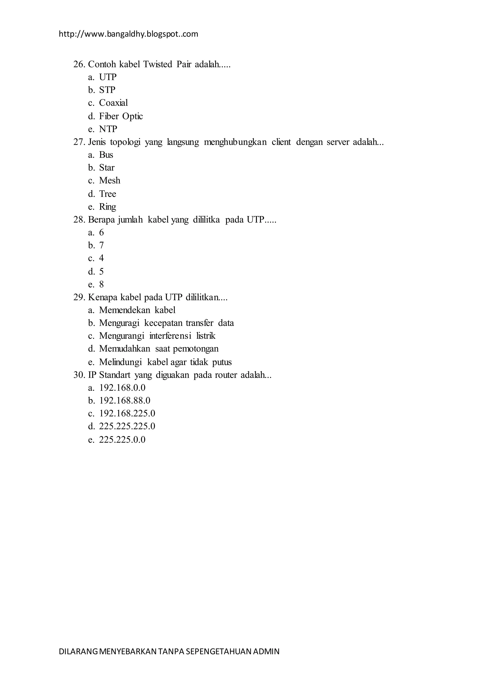 BANK SOAL JARINGAN KOMPUTER TKJ KELAS 12 | DOCX