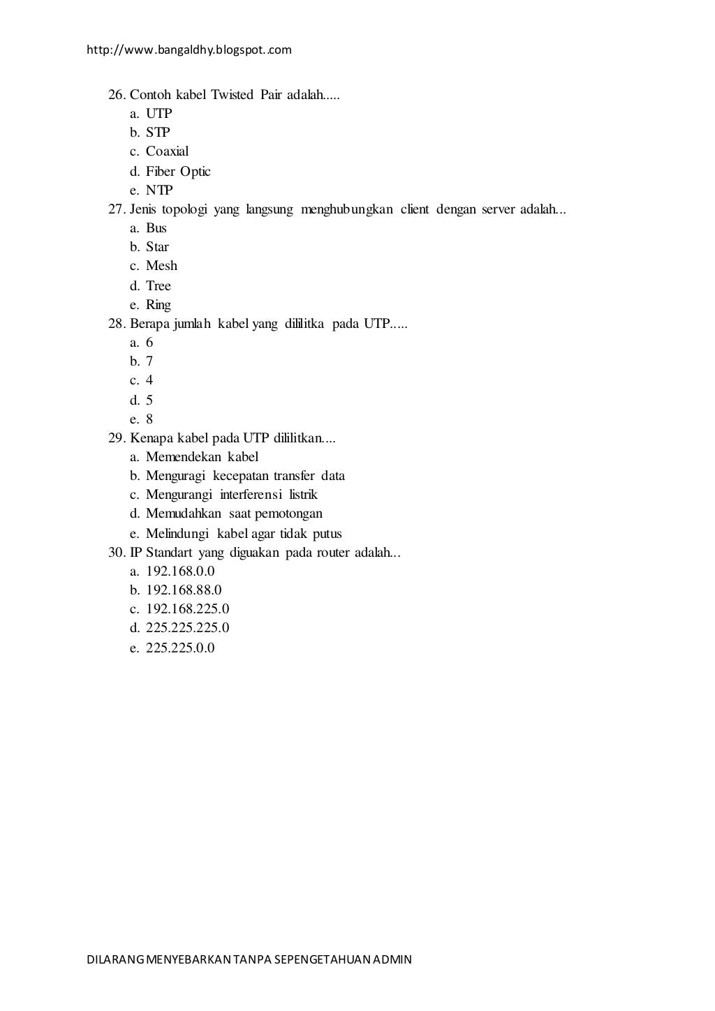 BANK SOAL JARINGAN KOMPUTER TKJ KELAS 12 BANK SOAL JARINGAN KOMPUTER TKJ KELAS 12