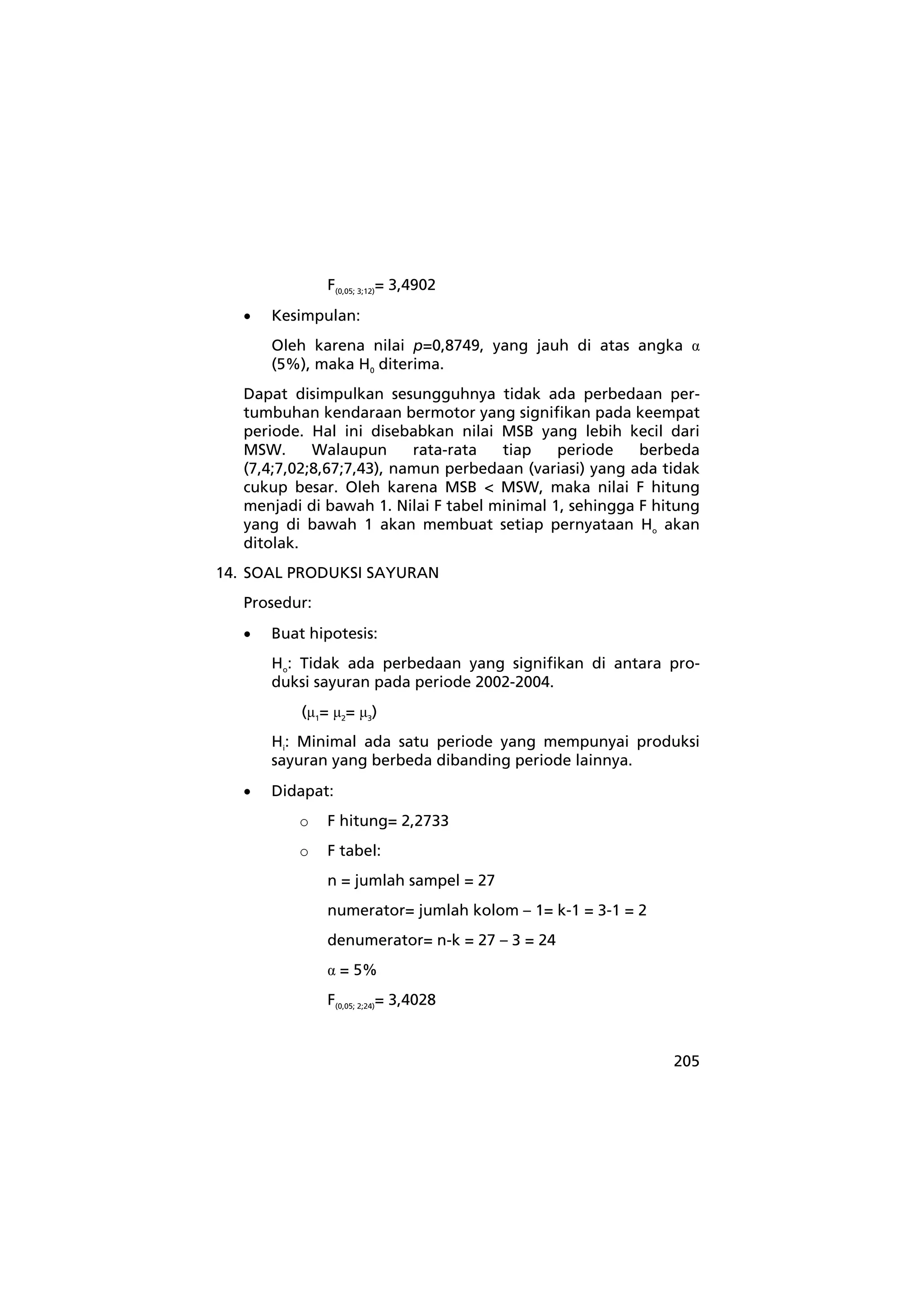 205 
F(0,05; 3;12)= 3,4902 
• Kesimpulan: 
Oleh karena nilai p=0,8749, yang jauh di atas angka α 
(5%), maka H0 diterima. 
Dapat disimpulkan sesungguhnya tidak ada perbedaan per-tumbuhan 
kendaraan bermotor yang signifikan pada keempat 
periode. Hal ini disebabkan nilai MSB yang lebih kecil dari 
MSW. Walaupun rata-rata tiap periode berbeda 
(7,4;7,02;8,67;7,43), namun perbedaan (variasi) yang ada tidak 
cukup besar. Oleh karena MSB < MSW, maka nilai F hitung 
menjadi di bawah 1. Nilai F tabel minimal 1, sehingga F hitung 
yang di bawah 1 akan membuat setiap pernyataan Ho akan 
ditolak. 
14. SOAL PRODUKSI SAYURAN 
Prosedur: 
• Buat hipotesis: 
Ho: Tidak ada perbedaan yang signifikan di antara pro-duksi 
sayuran pada periode 2002-2004. 
(μ1= μ2= μ3) 
Hi: Minimal ada satu periode yang mempunyai produksi 
sayuran yang berbeda dibanding periode lainnya. 
• Didapat: 
o F hitung= 2,2733 
o F tabel: 
n = jumlah sampel = 27 
numerator= jumlah kolom – 1= k-1 = 3-1 = 2 
denumerator= n-k = 27 – 3 = 24 
α = 5% 
F(0,05; 2;24)= 3,4028 
 