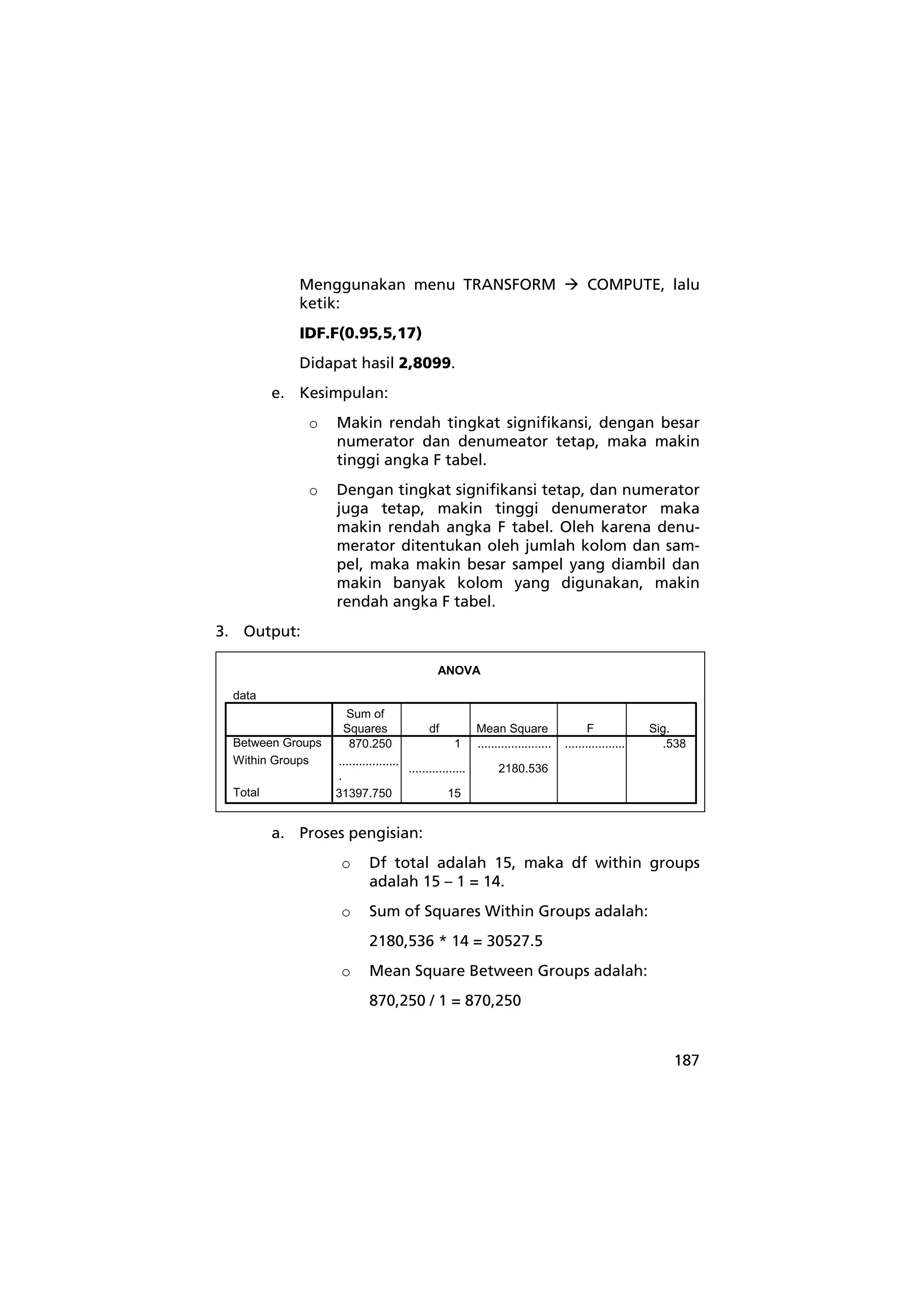 Menggunakan menu TRANSFORM Æ COMPUTE, lalu 
ketik: 
IDF.F(0.95,5,17) 
Didapat hasil 2,8099. 
187 
e. Kesimpulan: 
o Makin rendah tingkat signifikansi, dengan besar 
numerator dan denumeator tetap, maka makin 
tinggi angka F tabel. 
o Dengan tingkat signifikansi tetap, dan numerator 
juga tetap, makin tinggi denumerator maka 
makin rendah angka F tabel. Oleh karena denu-merator 
ditentukan oleh jumlah kolom dan sam-pel, 
maka makin besar sampel yang diambil dan 
makin banyak kolom yang digunakan, makin 
rendah angka F tabel. 
3. Output: 
ANOVA 
data 
870.250 1 ...................... .................. .538 
.................. 
. ................. 2180.536 
31397.750 15 
Between Groups 
Within Groups 
Total 
Sum of 
Squares df Mean Square F Sig. 
a. Proses pengisian: 
o Df total adalah 15, maka df within groups 
adalah 15 – 1 = 14. 
o Sum of Squares Within Groups adalah: 
2180,536 * 14 = 30527.5 
o Mean Square Between Groups adalah: 
870,250 / 1 = 870,250 
 