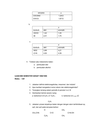 senyawa                        µ
                        CH3-NH2                             1,28 D
                        CH3-Cl                              1,87 D


                 b.
                                                          µ
                        GUGUS         alkil               aromatik
                        -OCH3         1,22                1,35
                        -Br           2,01                1,75


                  c.
                                                          µ
                        GUGUS         alkil               aromatik
                        -NO2          3,88                4,21
                        -C=N          4,00                4,39




               4. Tuliskan satu mekanisme reaksi :
                         a. pembuatan eter
                         b. pembuatan alkohol




UJIAN MID SEMESTER GENAP 1998/1999
Waktu : 120’


                  1. Jelaskan definisi elektronegativitas, mesomeri, dan induksi!
                  2. Apa manfaat mengetahui nomor atoom dan elektronegativitas?
                  3. Terangkan tentang sistem periodik di periode I s.d. III
                  4. Gambarkan bentuk secara ruang:
                       a. karboinium di C5H11-C+-C5H11            b. karbonion di ( C3H7 )C-


                                              C3H7
                  5. Jelaskan proses terjadinya ikatan dengan dengan atom terhibridisasi sp,
                       sp2, dan sp3 pada senyawa berikut:
                                       H                          CH3
                       CH3-C≡N                  C=O                       C=N-OH
                                       C2H5                       CH3
 