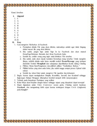 Kunci Jawaban
I. Objektif
1. C
2. A
3. A
4. B
5. B
6. A
7. C
8. D
9. C
10. B
II. Esay
1. Cara mengirim File/berkas di Facebook
a. Persiapkan dahulu File yang akan dikirim, maksudnya adalah agar tidak bingung
dalam mecari file yang akan dikirim.
b. Jika sudah, jangan lupa untuk Sign In ke Facebook dan akan muncul
HomePage/Halaman Beranda dari Akun Facebook Anda.
c. Setelah itu, carilah orang yang ingin anda kirimkan File tersebut.
d. Jika sudah, anda akan masuk kedalam Kronologi orang tersebut. Untuk mengirim
filenya, terlebih dahulu anda harus memilih tombol Pesan/Message yang terdapat
disebelah Tombol Mengikuti dan selanjutnya diperlihatkan Kotak dialog Chatting
e. Pilihlan Menu Opsi/Pengaturan dan pilihlah pilihan “Tambahkan Berkas..”
f. Pilihlah berkas yang akan anda kirim, jika sudah tunggu sampai proses Upload telah
selesai
g. Setelah itu, tekan Enter untuk mengirim File (gambar dan dokumen)
2. Bagus, karena dapat meningkatkan Disiplin, Kreatifitas, Inovatif, dan Kondusif sehingga
lingkungan Belajar Mengajar diharapkan berubah menjadi lebih menyenangkan
3. Terletak pada banyaknya Partisipan yang terlibat
4. Kelas Maya akan berjalan dengan lancar sehingga tujuan yang disepakati dapat terwujud
5. Dapat digunakan untuk Video Conference secara gratis, Chatting seperti layaknya
Facebook, dan mengundang lebih cepat karena terintegrasi dengan Circle (Lingkaran)
pada Google+
 